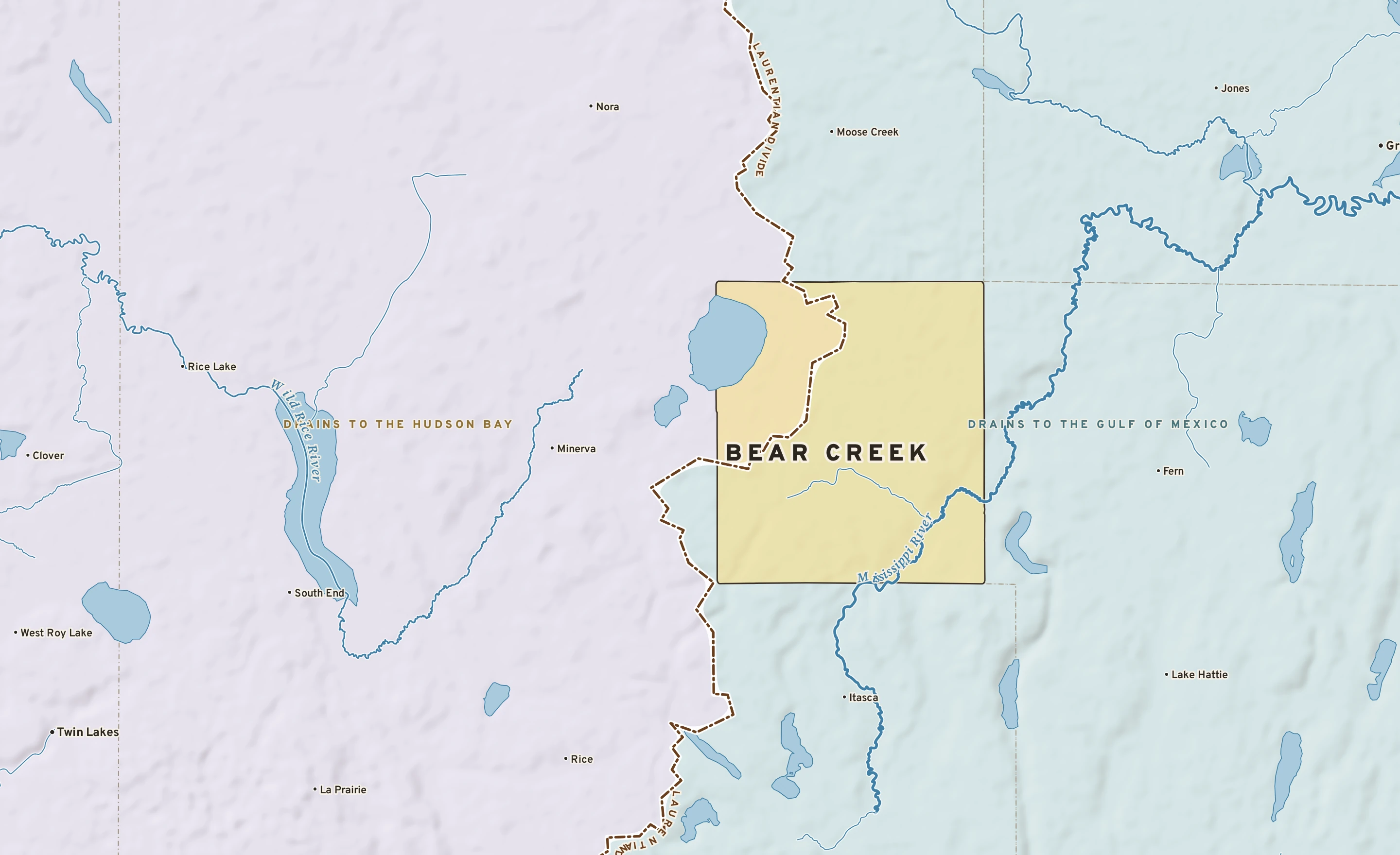 Shaded-relief atlas plate of Bear Creek, Minnesota: rivers, roads, the city limits and where the water drains.