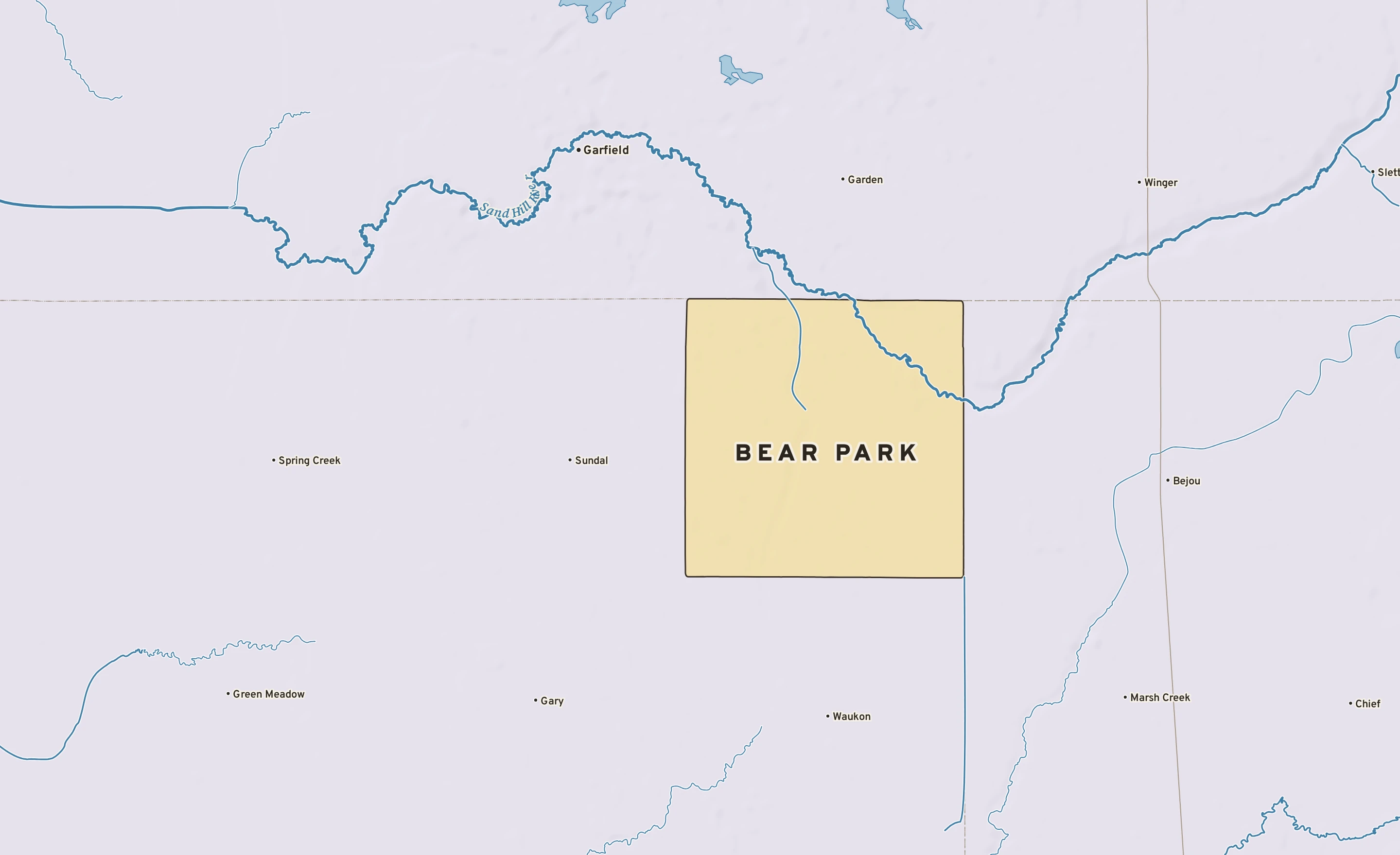 Shaded-relief atlas plate of Bear Park, Minnesota: rivers, roads, the city limits and where the water drains.