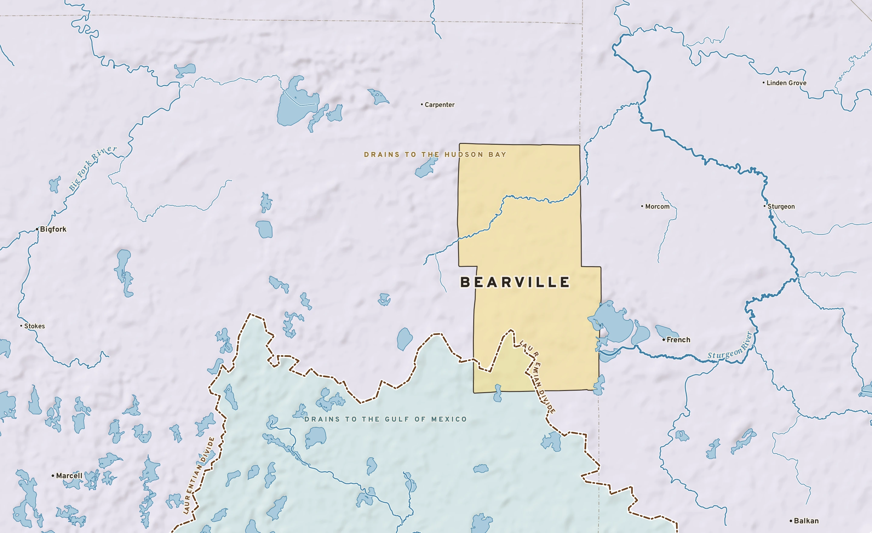 Shaded-relief atlas plate of Bearville, Minnesota: rivers, roads, the city limits and where the water drains.