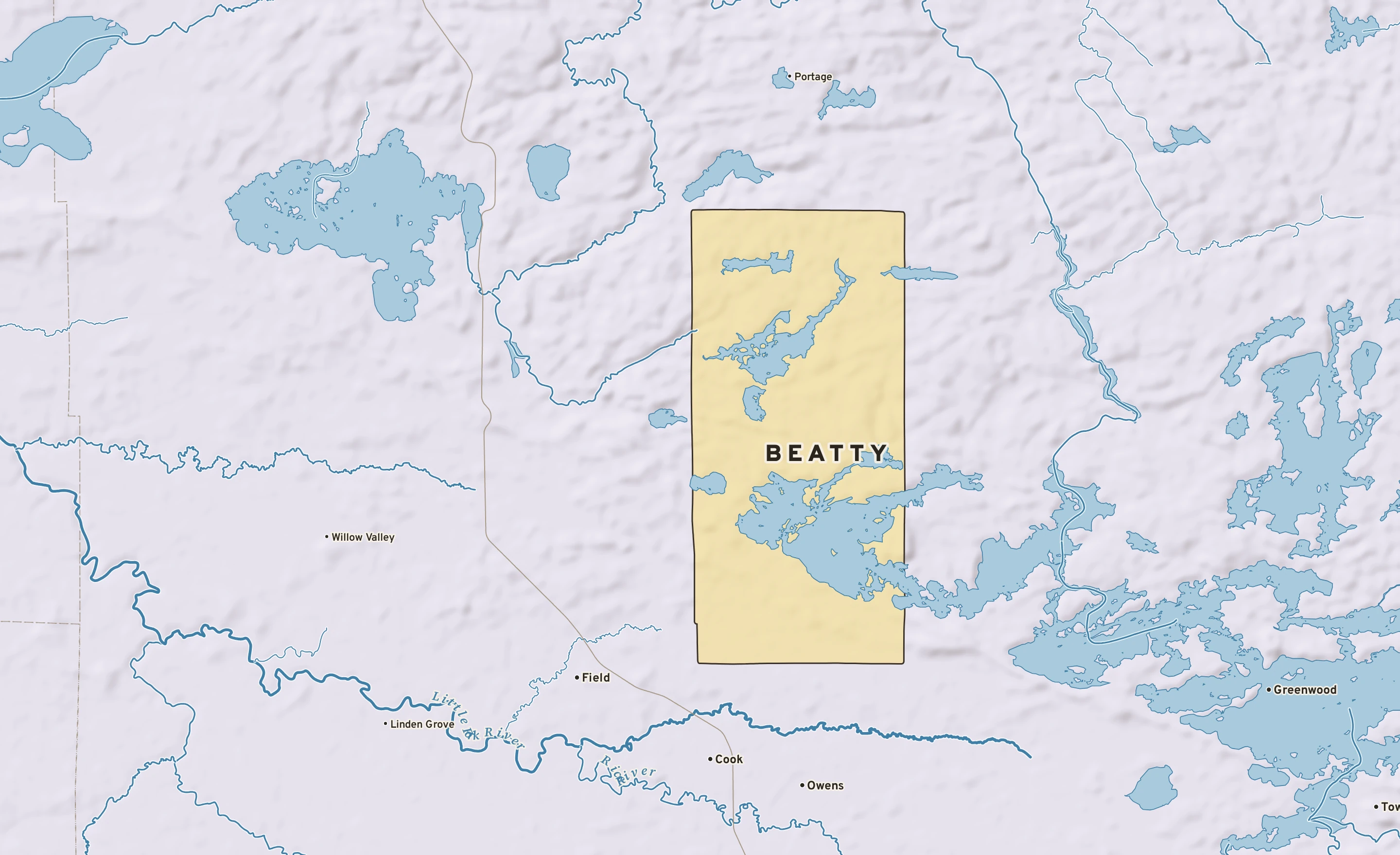 Shaded-relief atlas plate of Beatty, Minnesota: rivers, roads, the city limits and where the water drains.