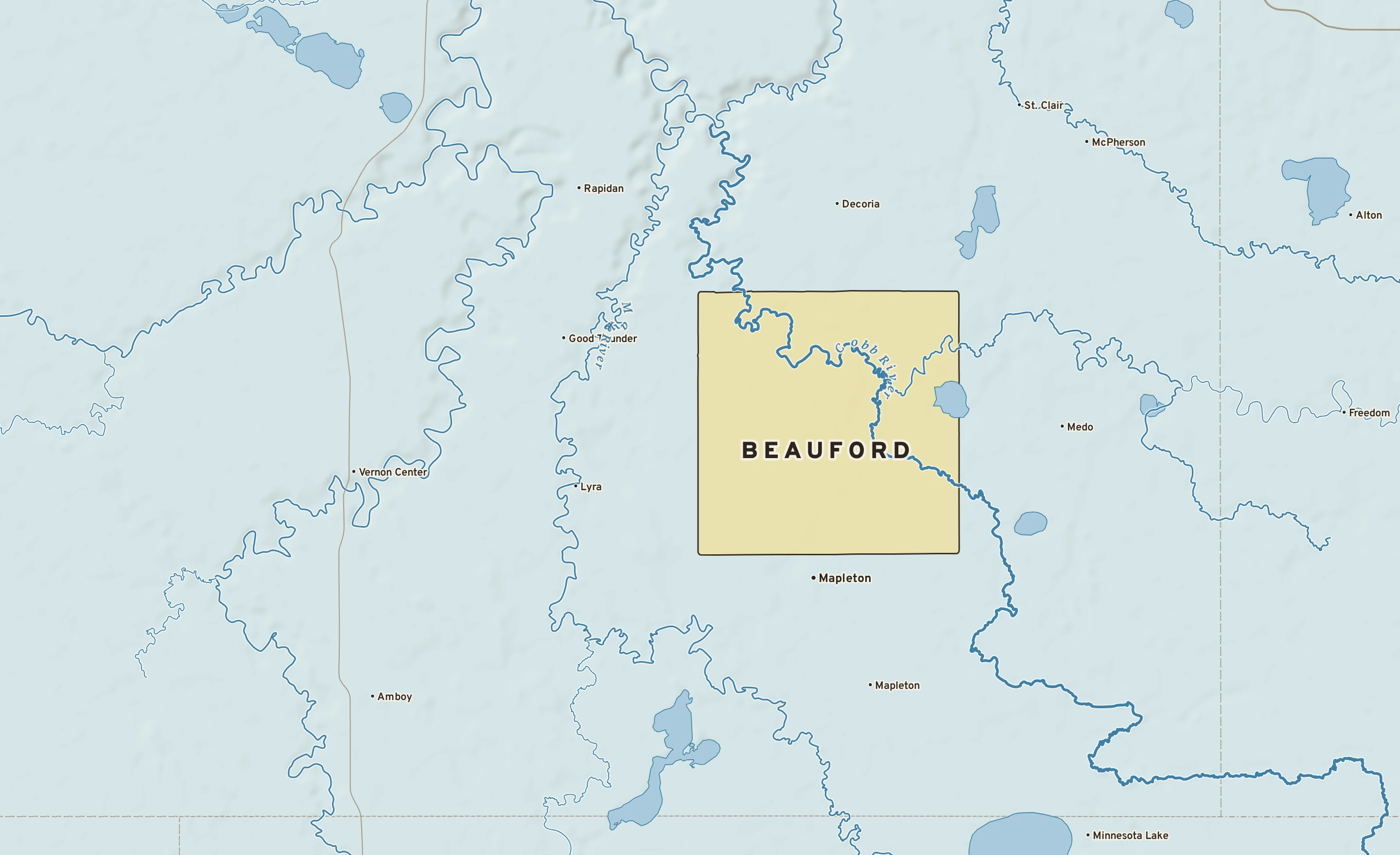 Shaded-relief atlas plate of Beauford, Minnesota: rivers, roads, the city limits and where the water drains.