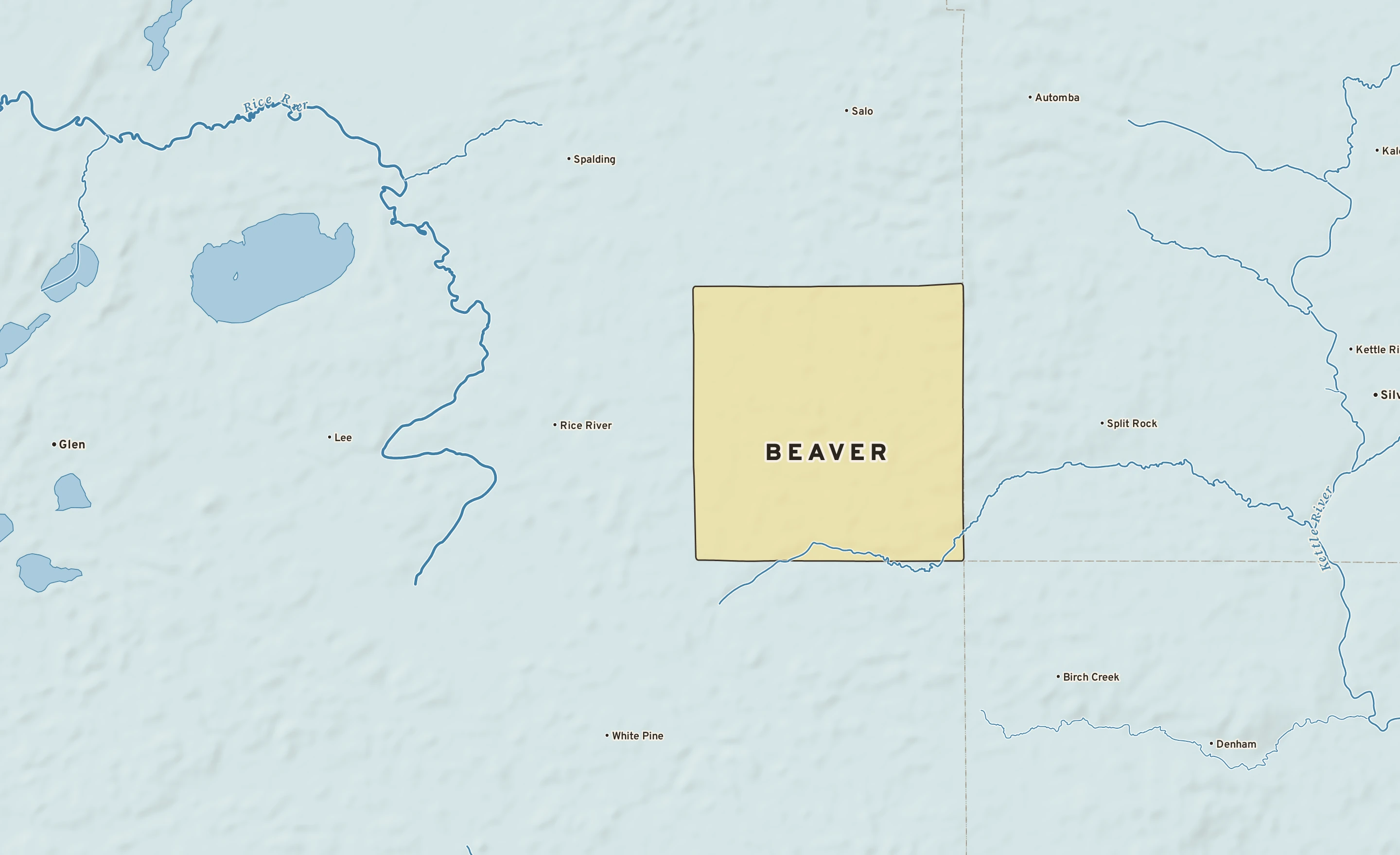 Shaded-relief atlas plate of Beaver, Minnesota: rivers, roads, the city limits and where the water drains.