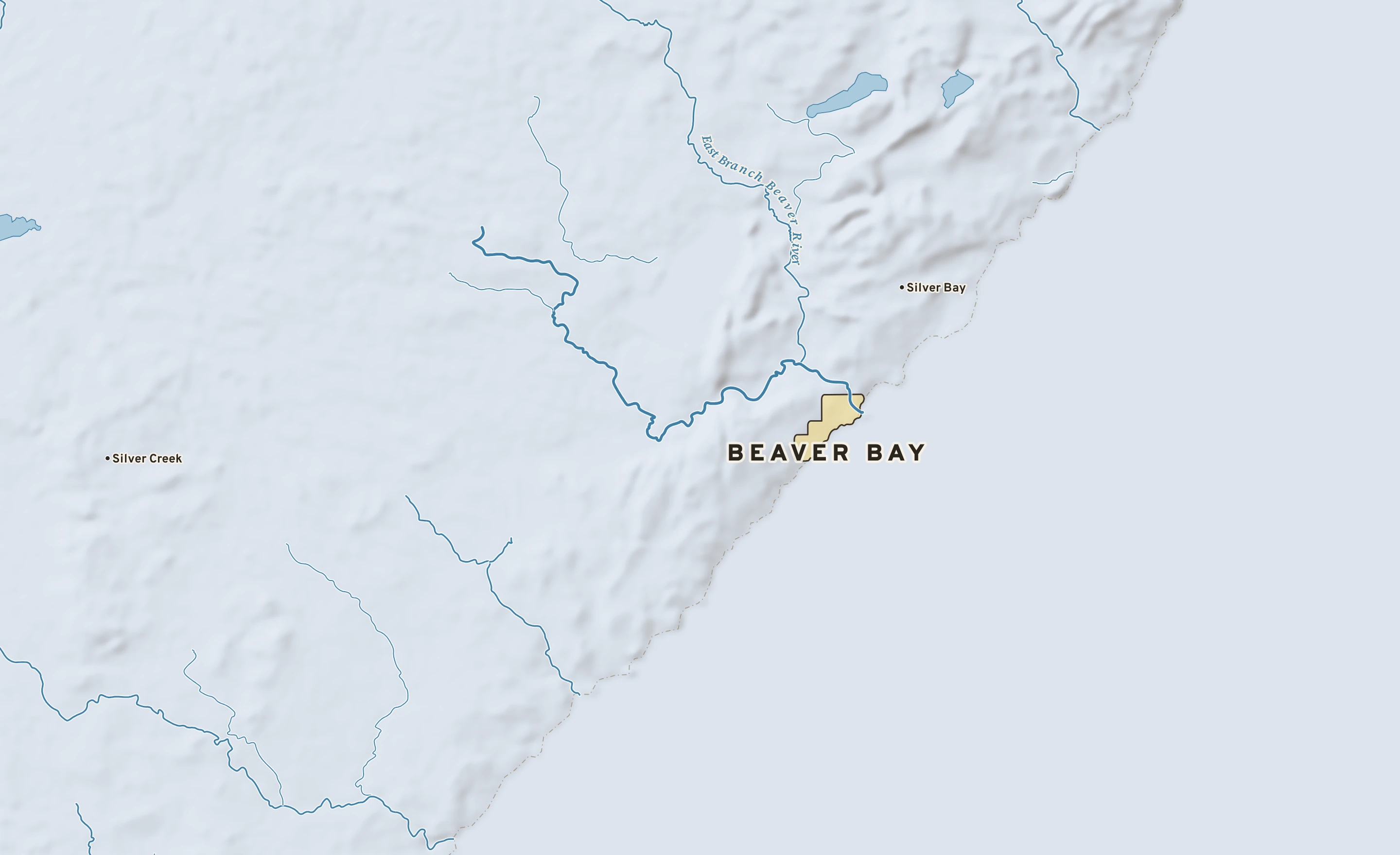 Shaded-relief atlas plate of Beaver Bay, Minnesota: rivers, roads, the city limits and where the water drains.
