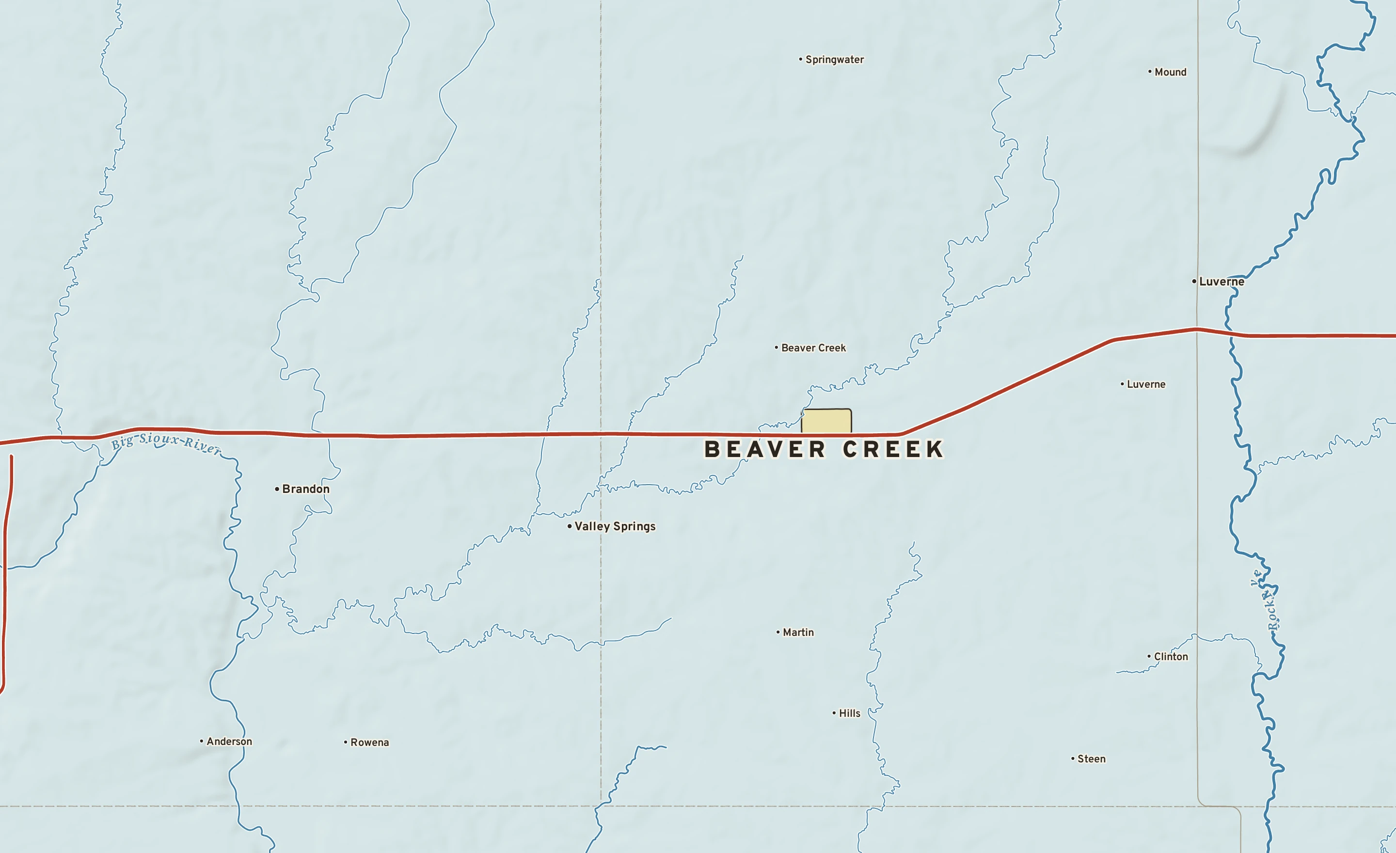 Shaded-relief atlas plate of Beaver Creek, Minnesota: rivers, roads, the city limits and where the water drains.