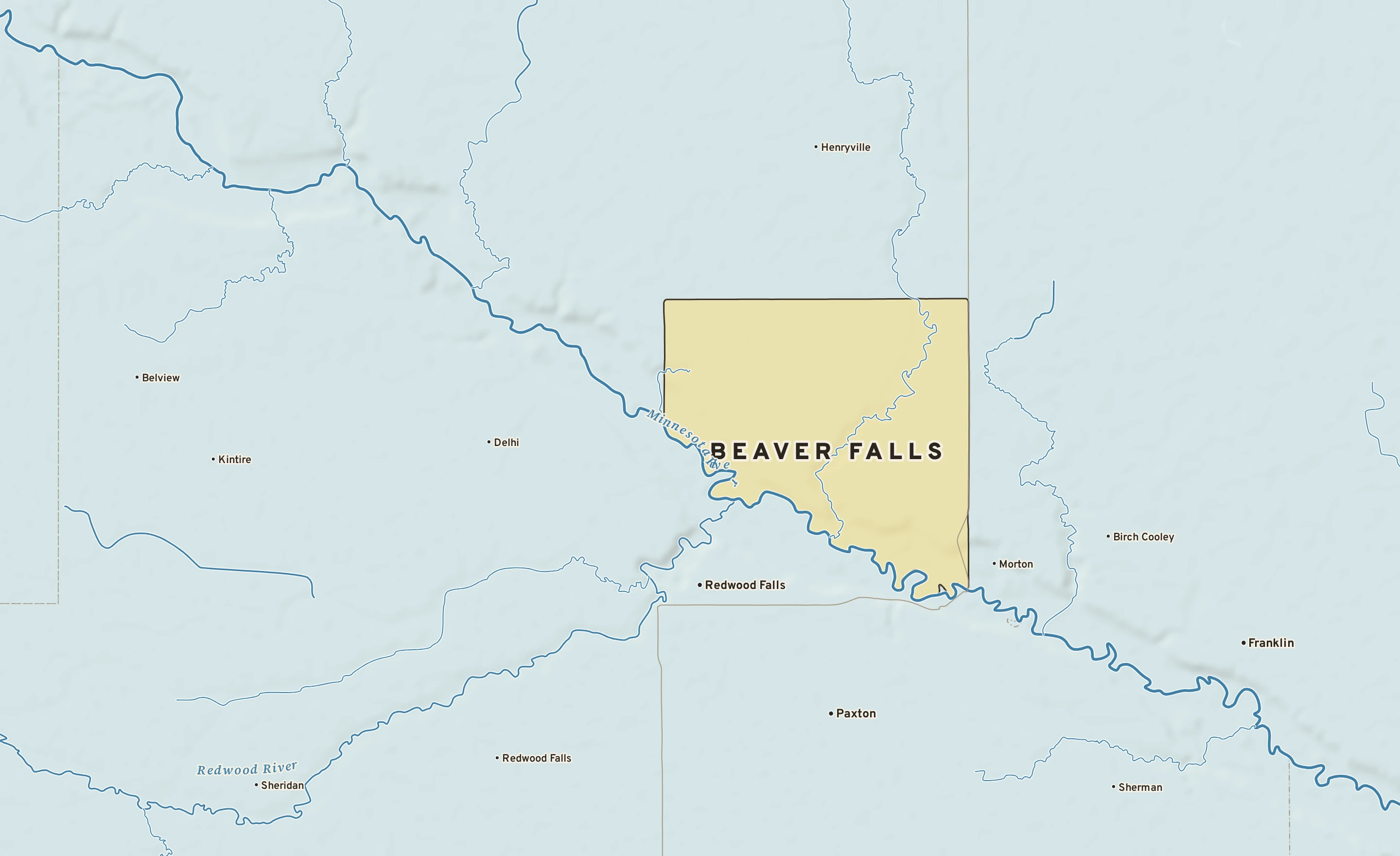 Shaded-relief atlas plate of Beaver Falls, Minnesota: rivers, roads, the city limits and where the water drains.