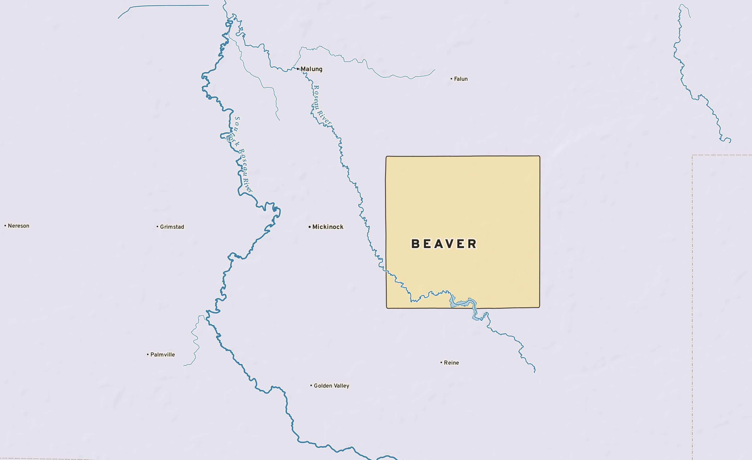 Shaded-relief atlas plate of Beaver, Minnesota: rivers, roads, the city limits and where the water drains.
