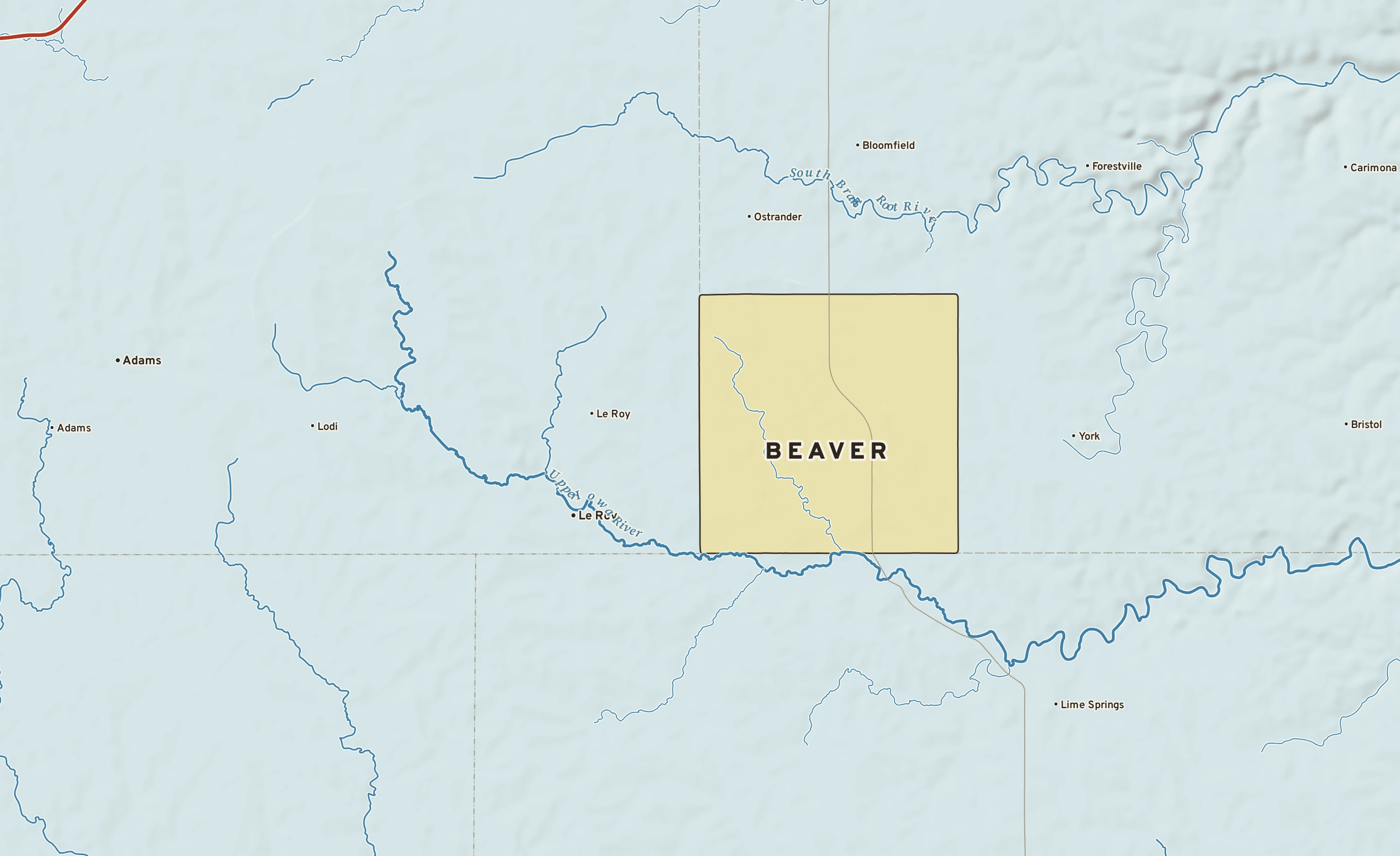 Shaded-relief atlas plate of Beaver, Minnesota: rivers, roads, the city limits and where the water drains.