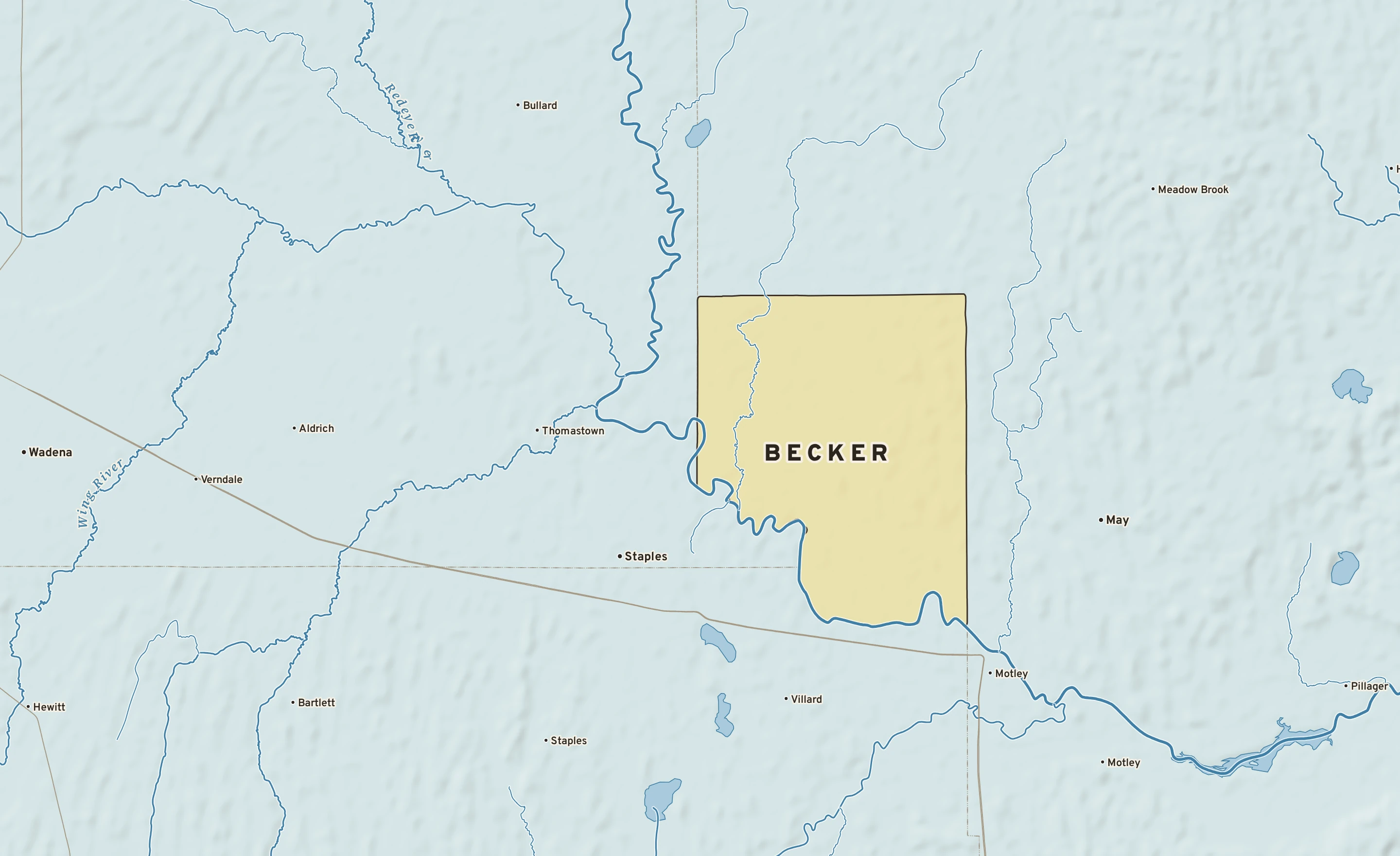 Shaded-relief atlas plate of Becker, Minnesota: rivers, roads, the city limits and where the water drains.