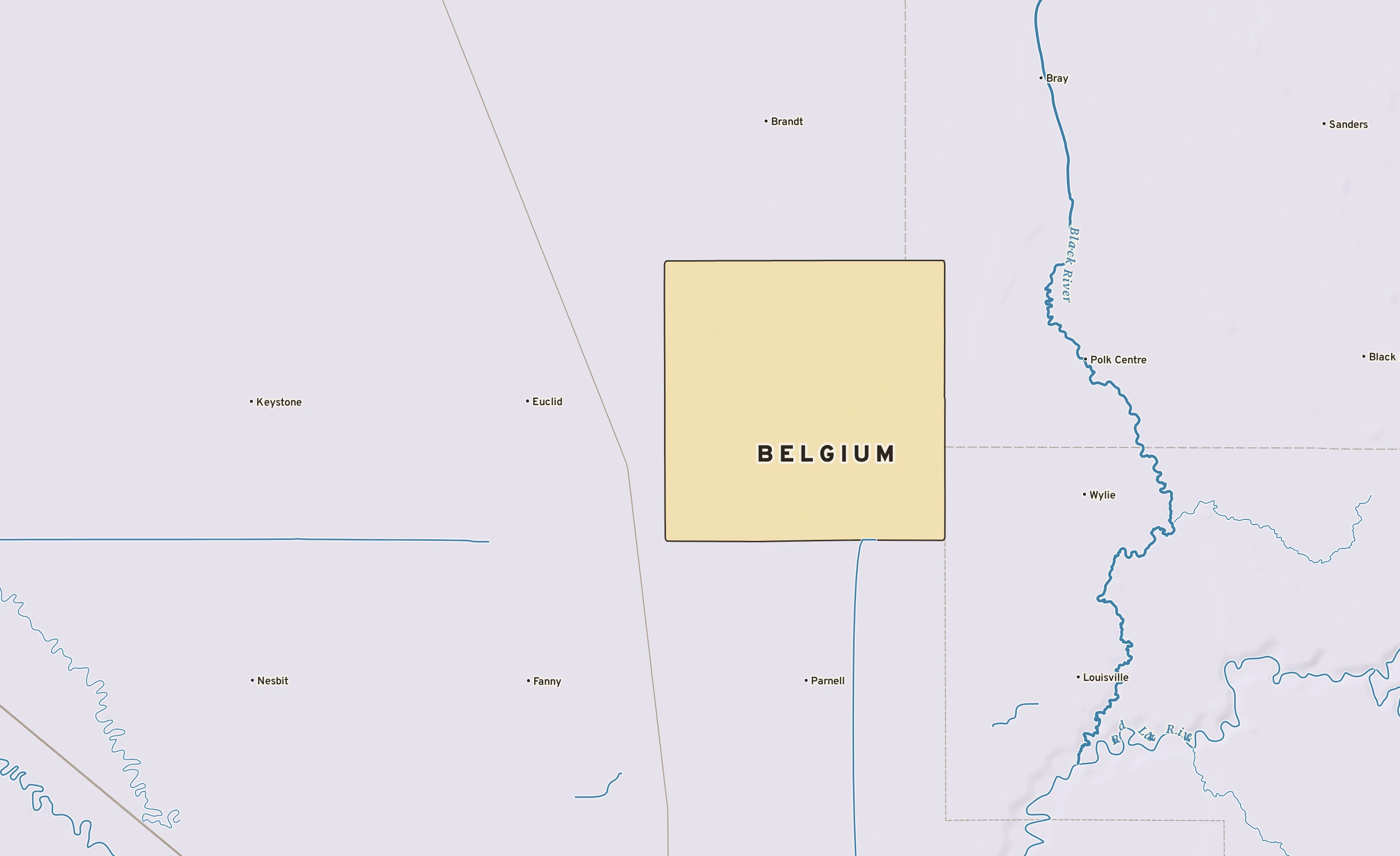 Shaded-relief atlas plate of Belgium, Minnesota: rivers, roads, the city limits and where the water drains.