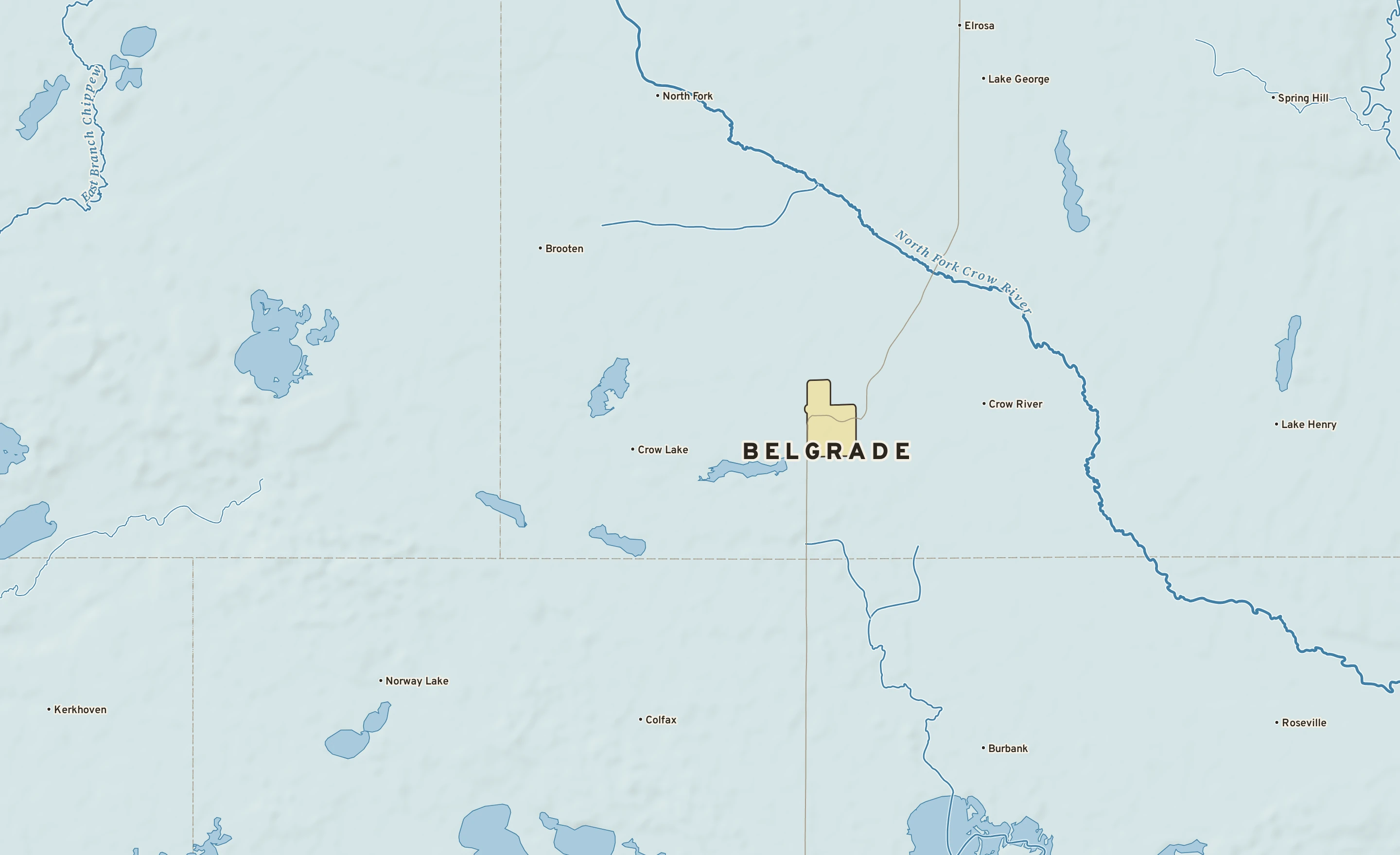 Shaded-relief atlas plate of Belgrade, Minnesota: rivers, roads, the city limits and where the water drains.