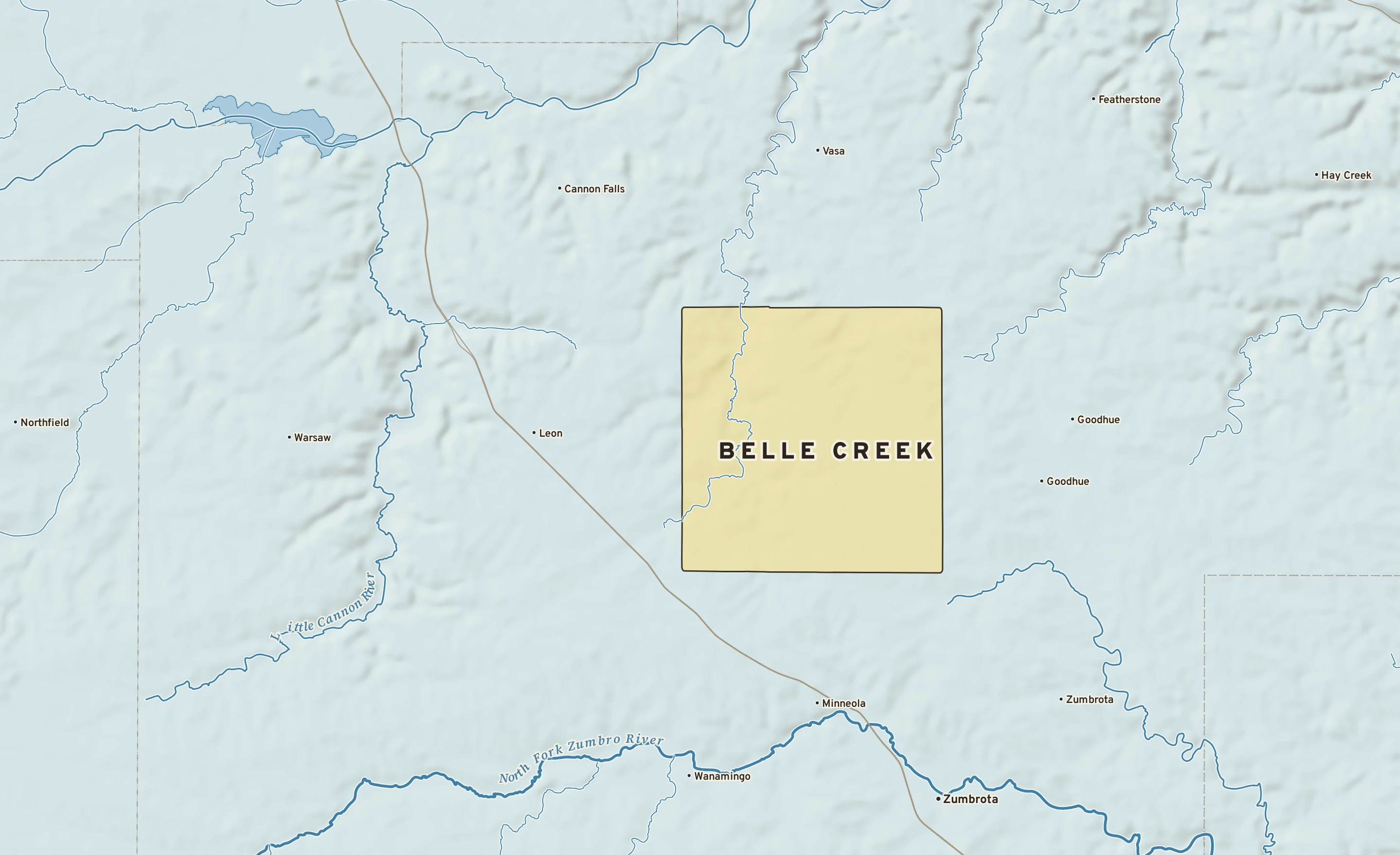 Shaded-relief atlas plate of Belle Creek, Minnesota: rivers, roads, the city limits and where the water drains.