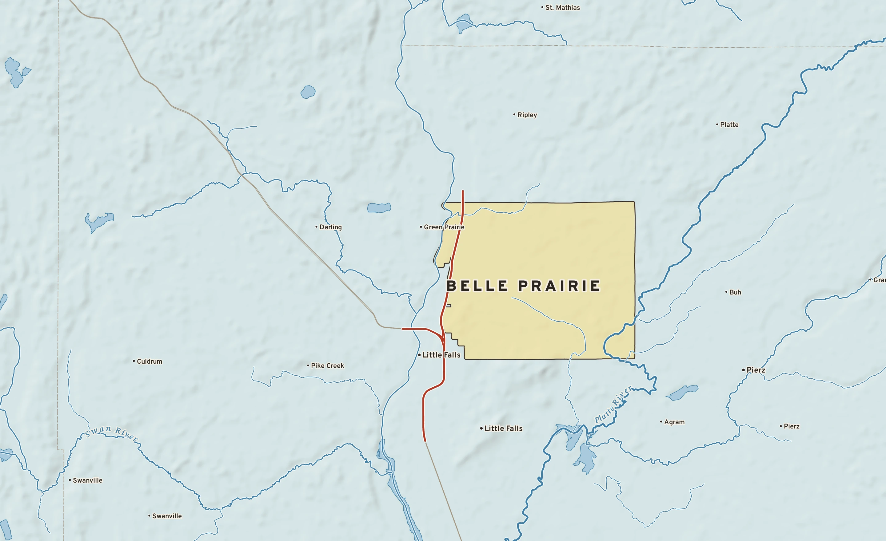 Shaded-relief atlas plate of Belle Prairie, Minnesota: rivers, roads, the city limits and where the water drains.