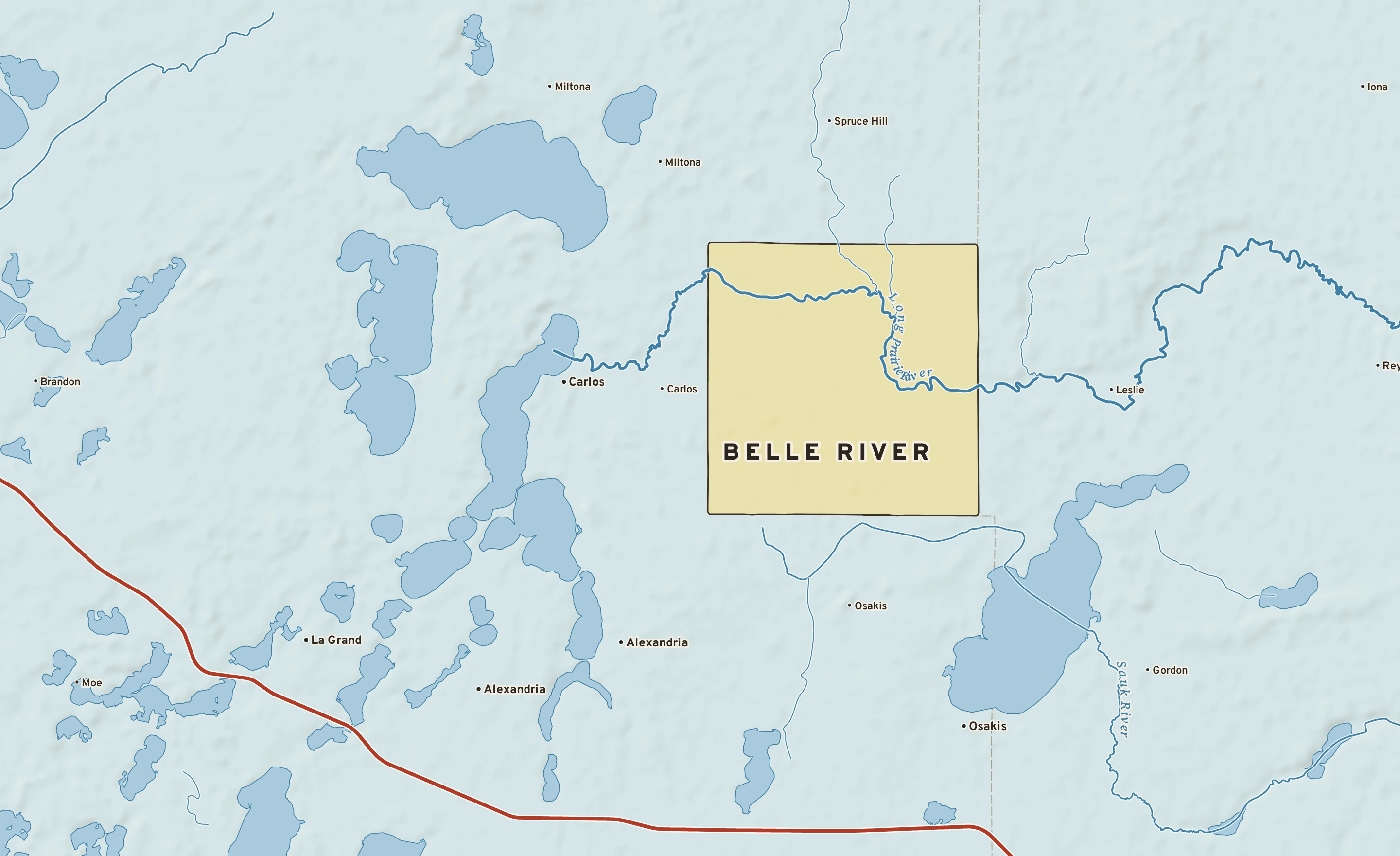 Shaded-relief atlas plate of Belle River, Minnesota: rivers, roads, the city limits and where the water drains.
