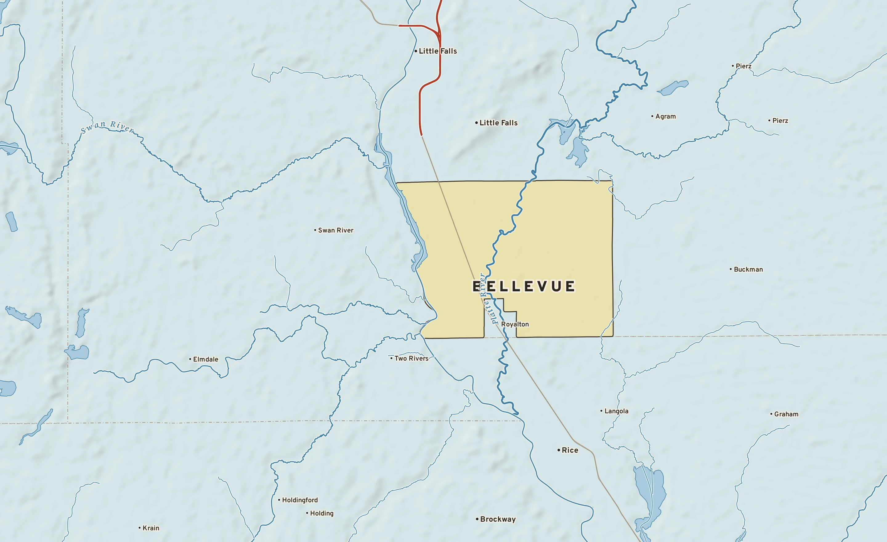 Shaded-relief atlas plate of Bellevue, Minnesota: rivers, roads, the city limits and where the water drains.