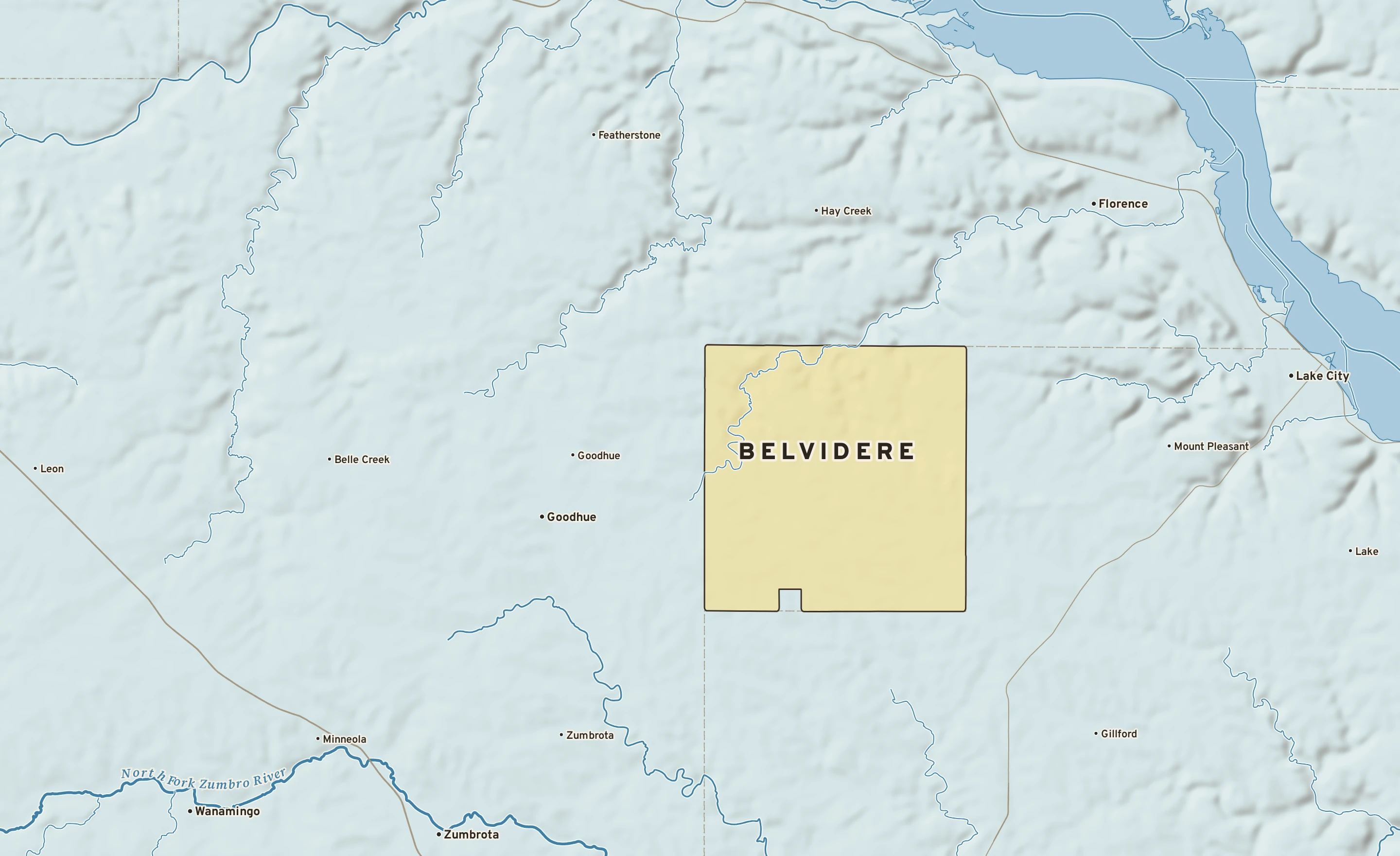 Shaded-relief atlas plate of Belvidere, Minnesota: rivers, roads, the city limits and where the water drains.