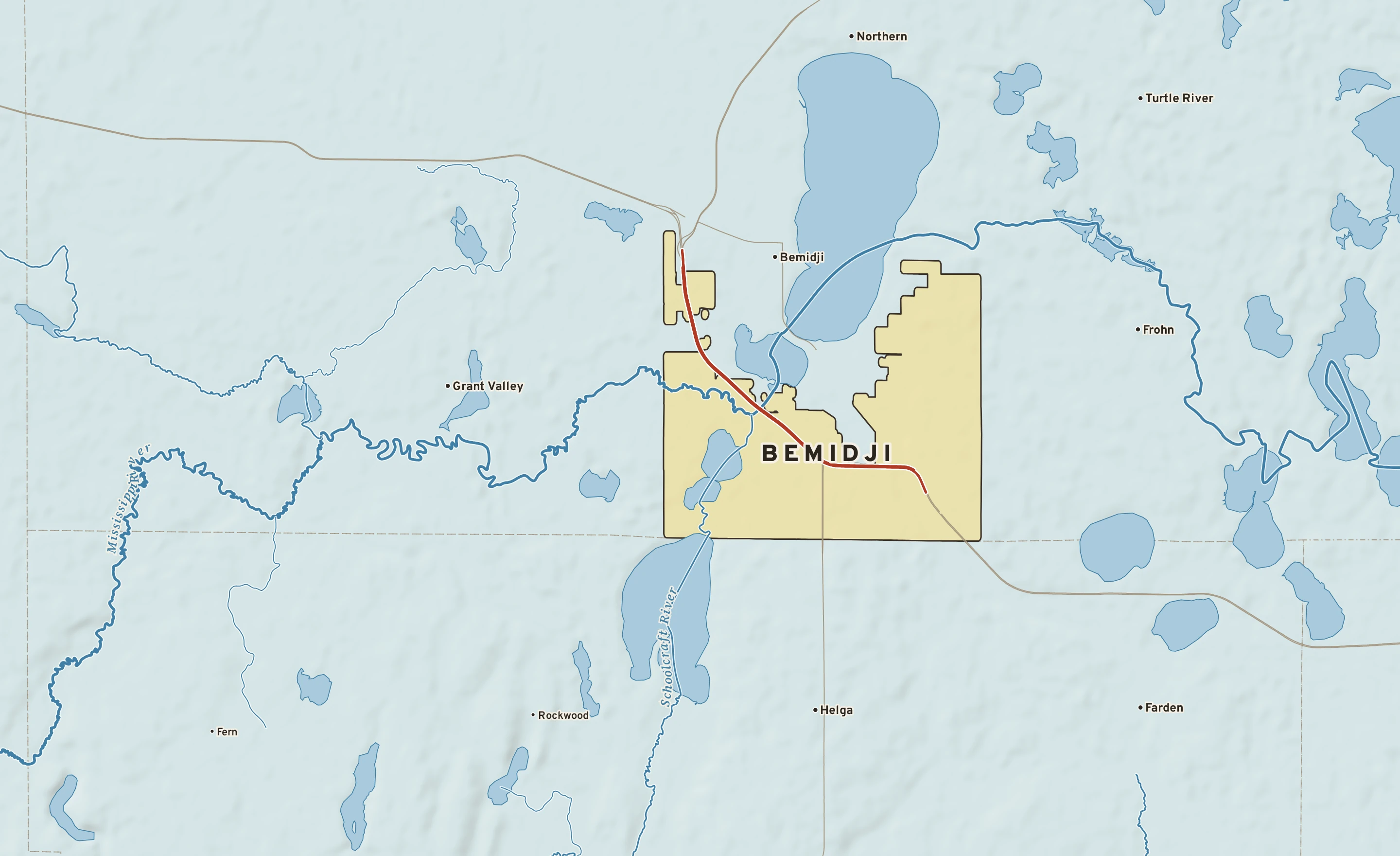 Shaded-relief atlas plate of Bemidji, Minnesota: rivers, roads, the city limits and where the water drains.