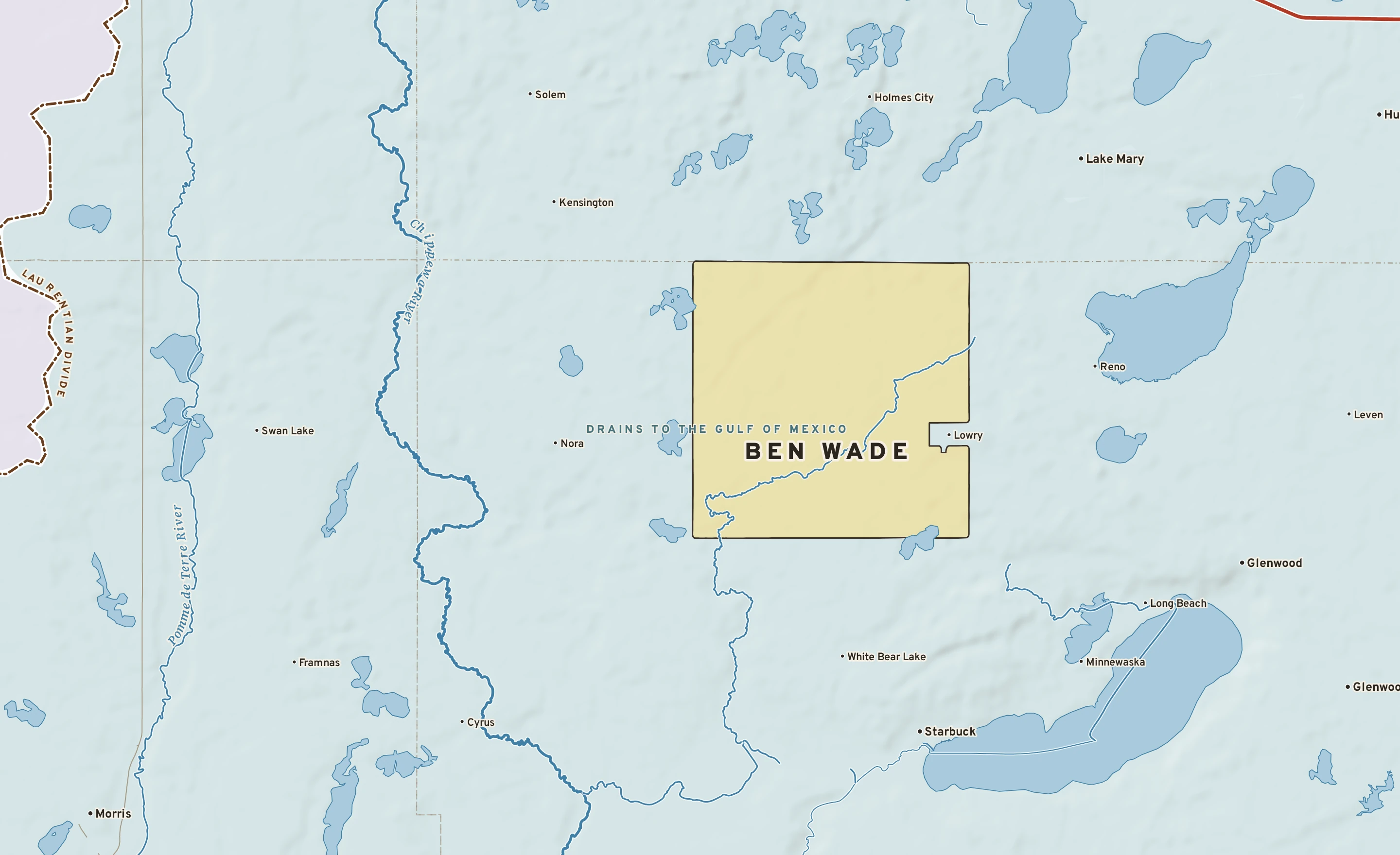 Shaded-relief atlas plate of Ben Wade, Minnesota: rivers, roads, the city limits and where the water drains.
