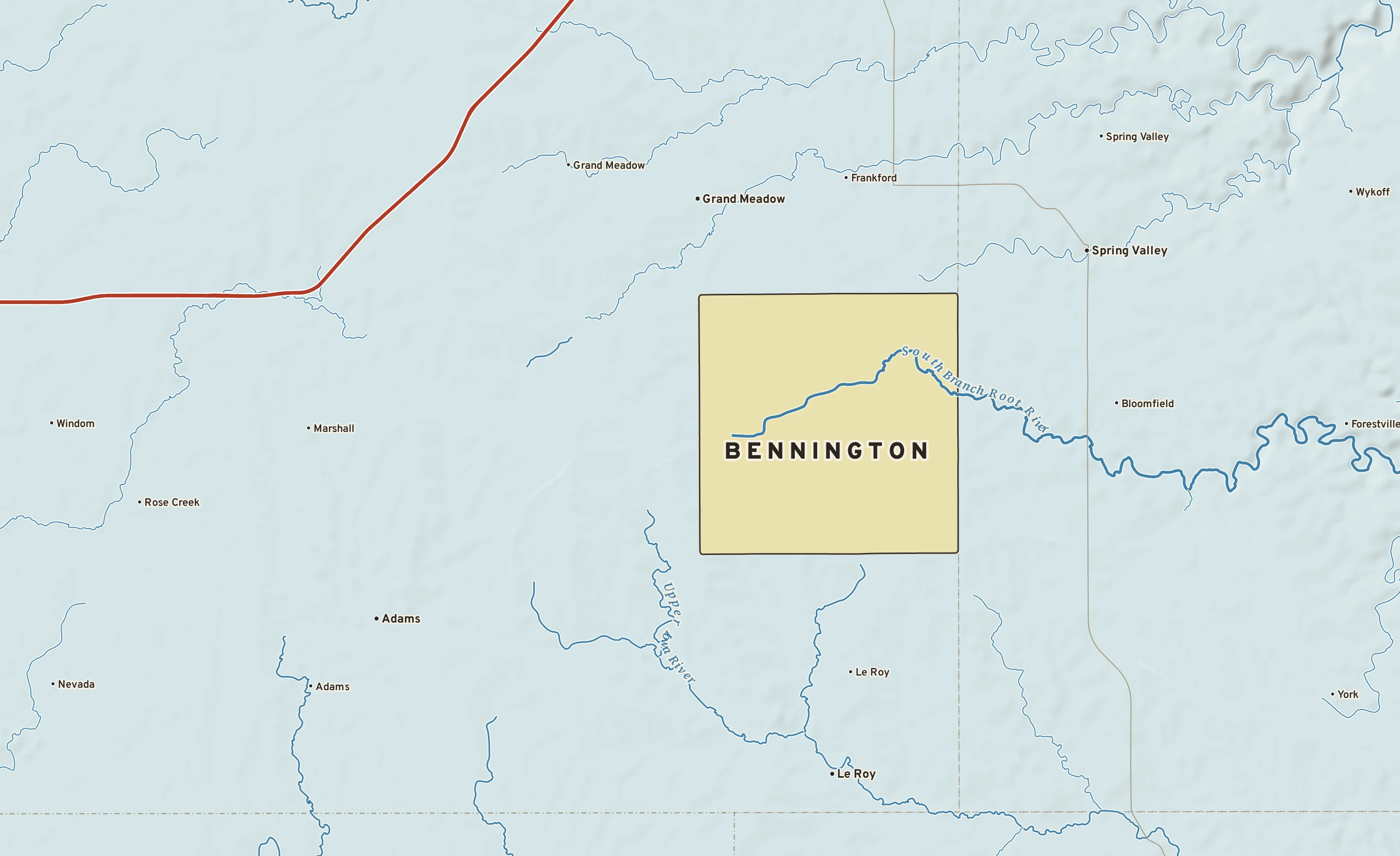 Shaded-relief atlas plate of Bennington, Minnesota: rivers, roads, the city limits and where the water drains.