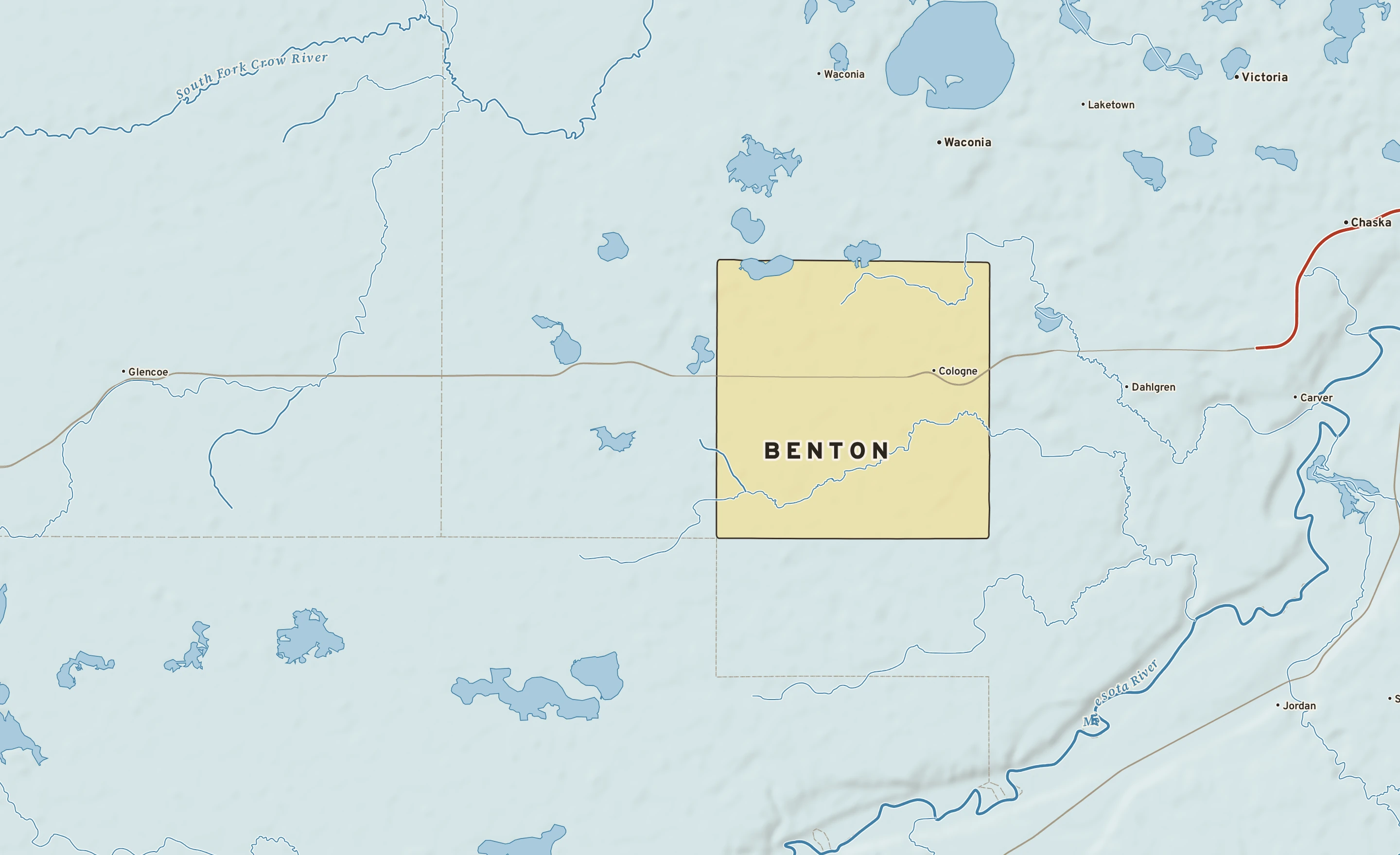 Shaded-relief atlas plate of Benton, Minnesota: rivers, roads, the city limits and where the water drains.