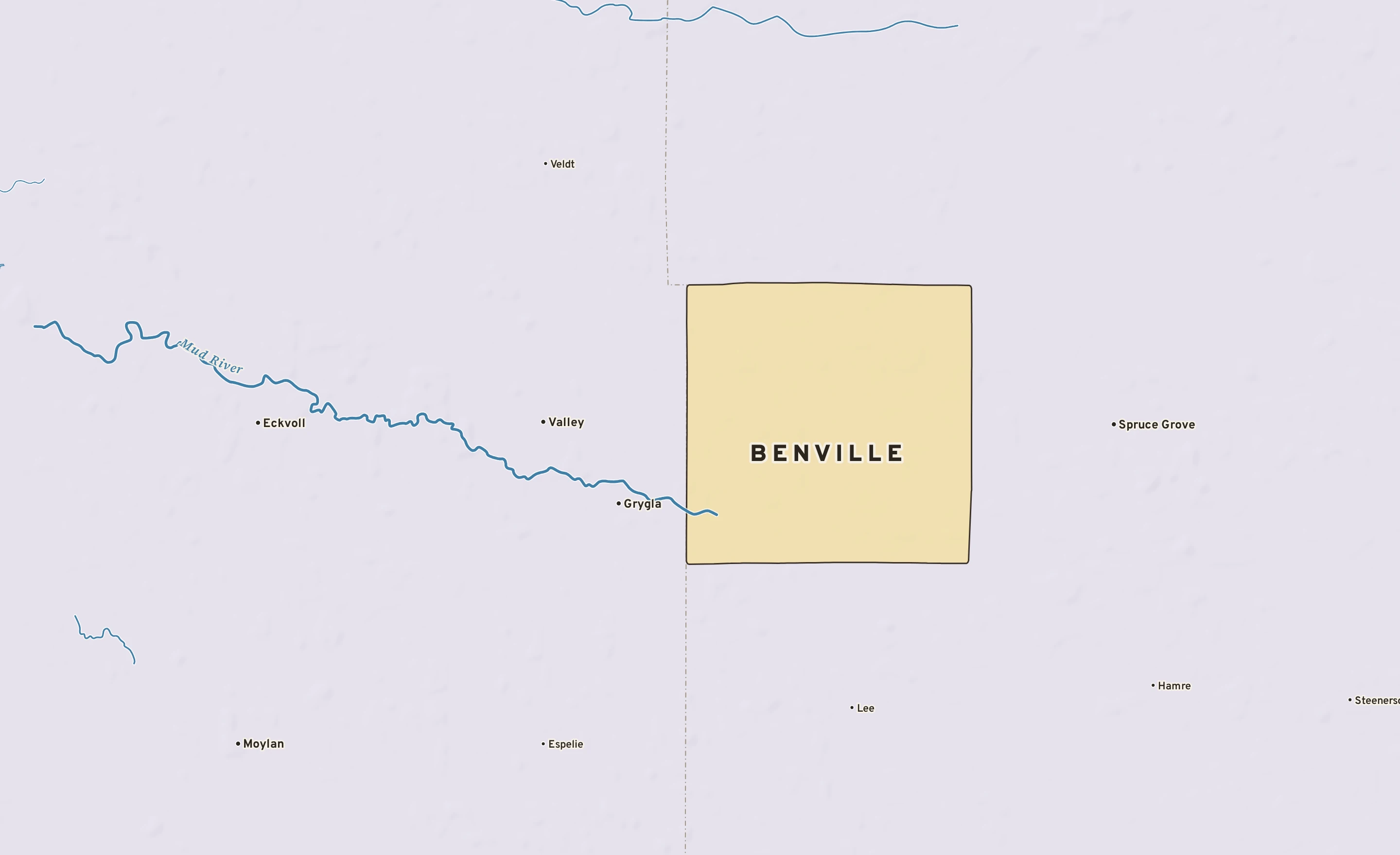 Shaded-relief atlas plate of Benville, Minnesota: rivers, roads, the city limits and where the water drains.