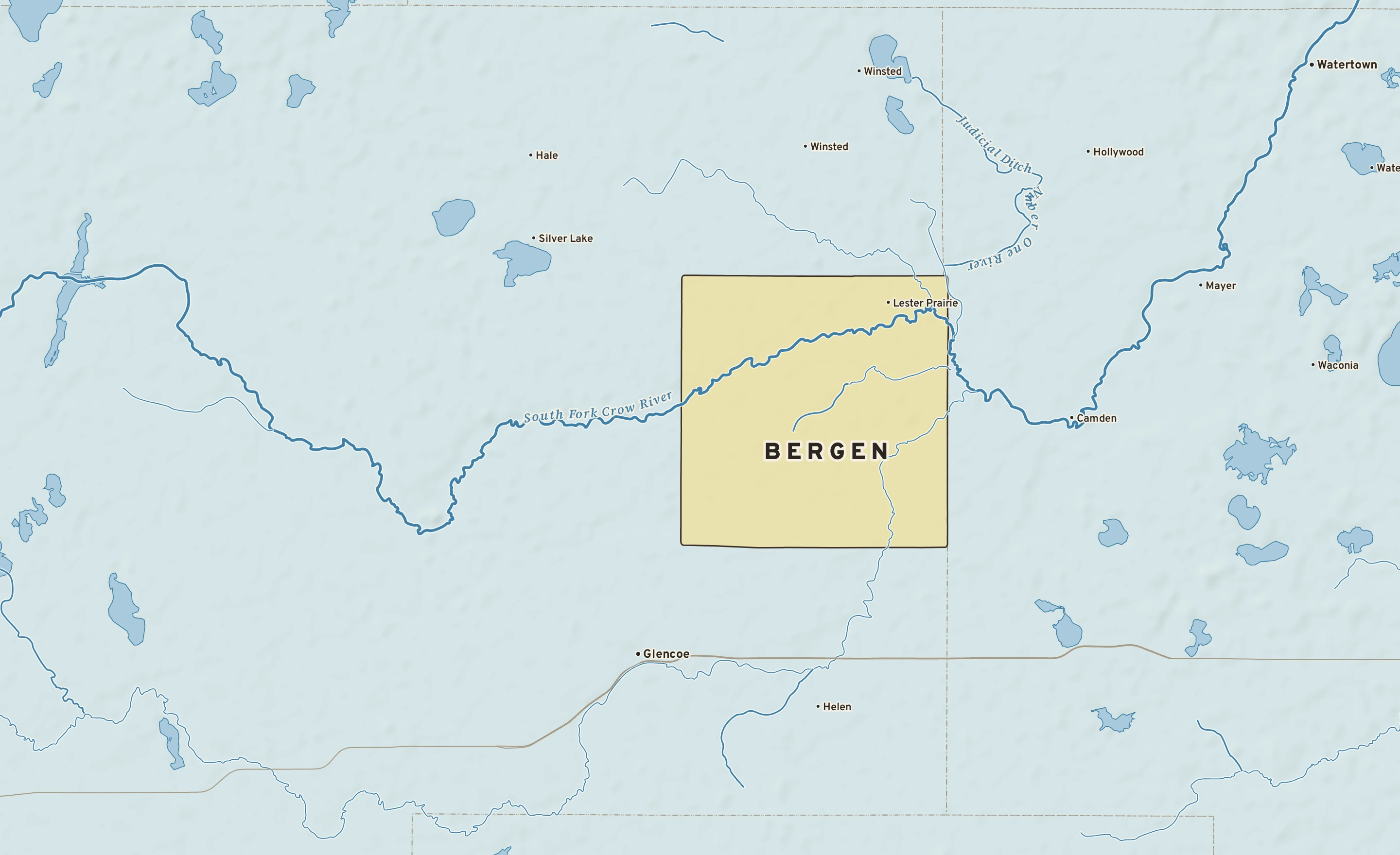 Shaded-relief atlas plate of Bergen, Minnesota: rivers, roads, the city limits and where the water drains.