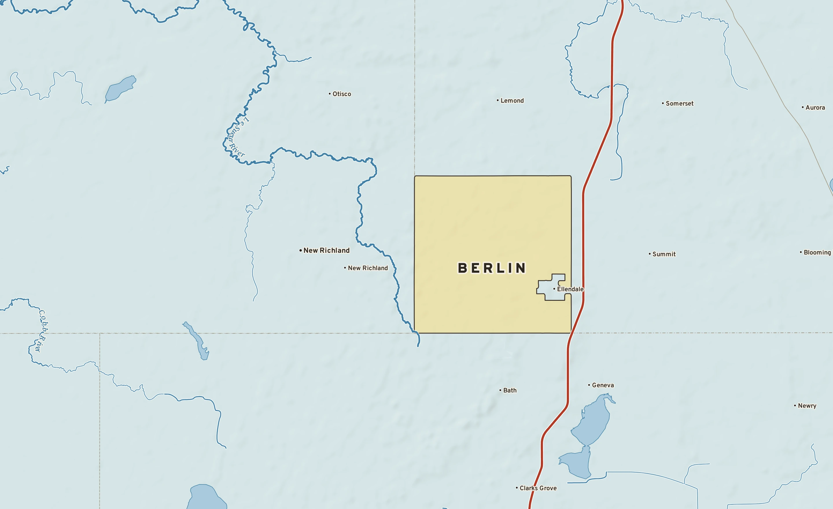 Shaded-relief atlas plate of Berlin, Minnesota: rivers, roads, the city limits and where the water drains.