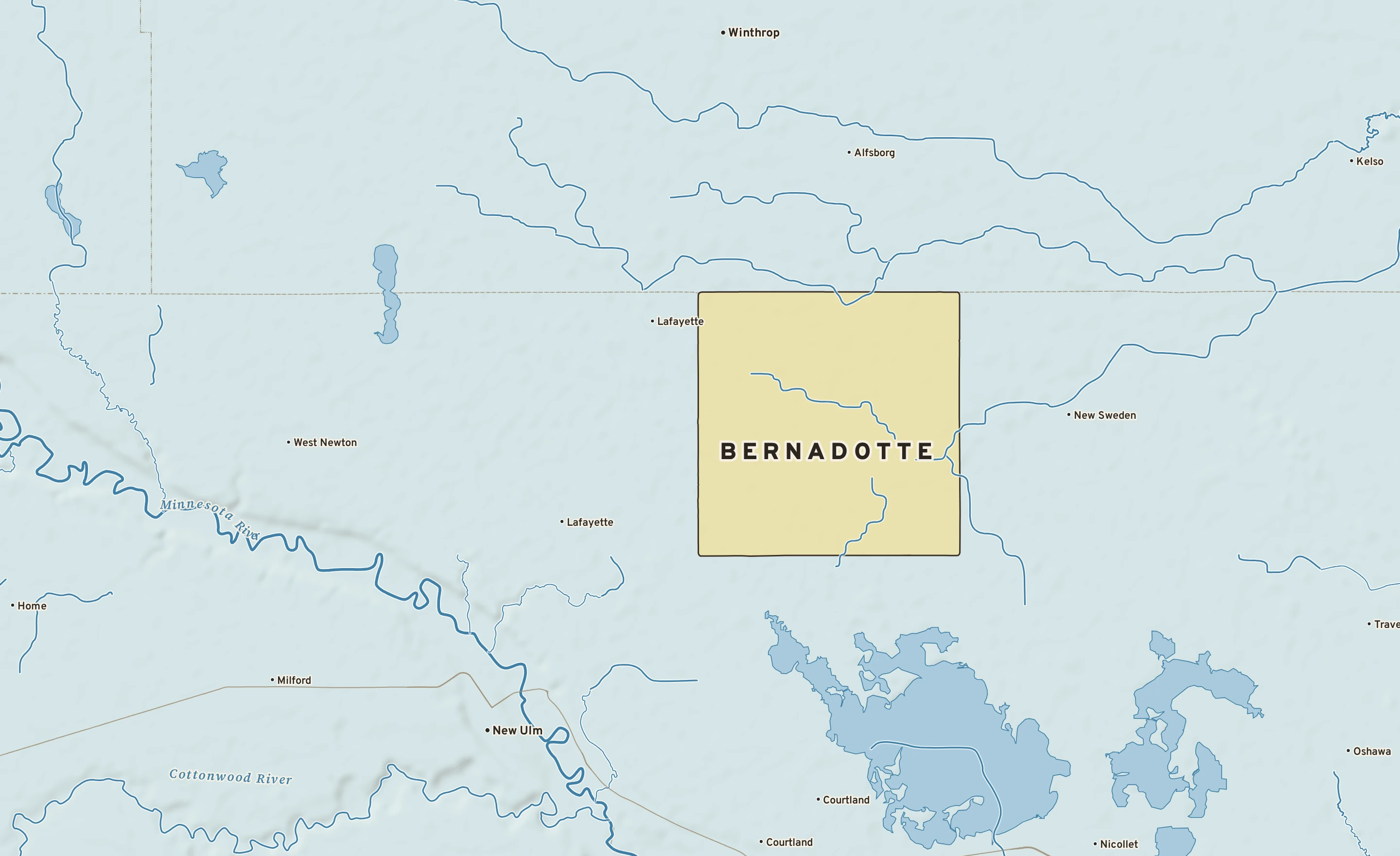 Shaded-relief atlas plate of Bernadotte, Minnesota: rivers, roads, the city limits and where the water drains.