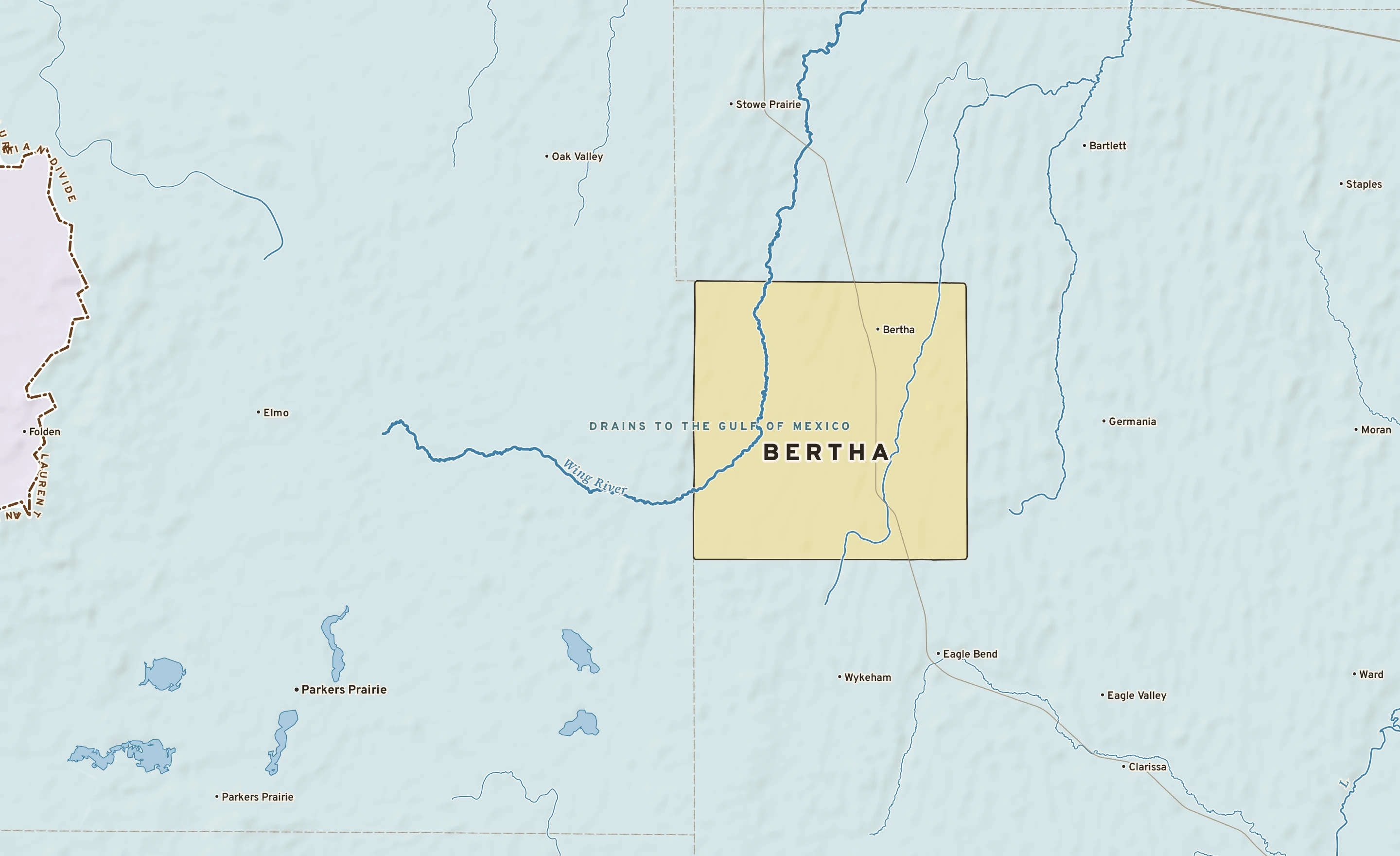 Shaded-relief atlas plate of Bertha, Minnesota: rivers, roads, the city limits and where the water drains.