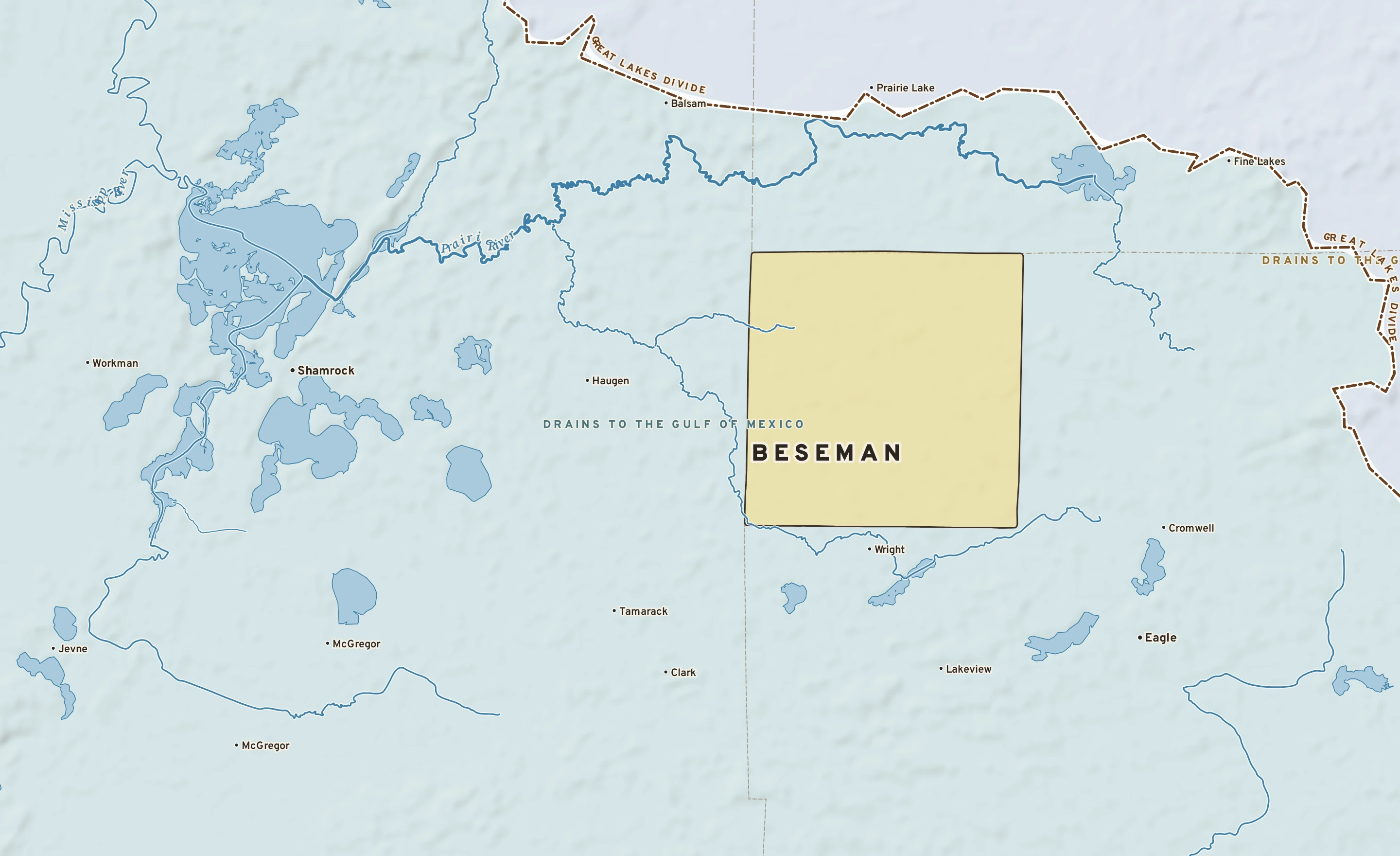 Shaded-relief atlas plate of Beseman, Minnesota: rivers, roads, the city limits and where the water drains.