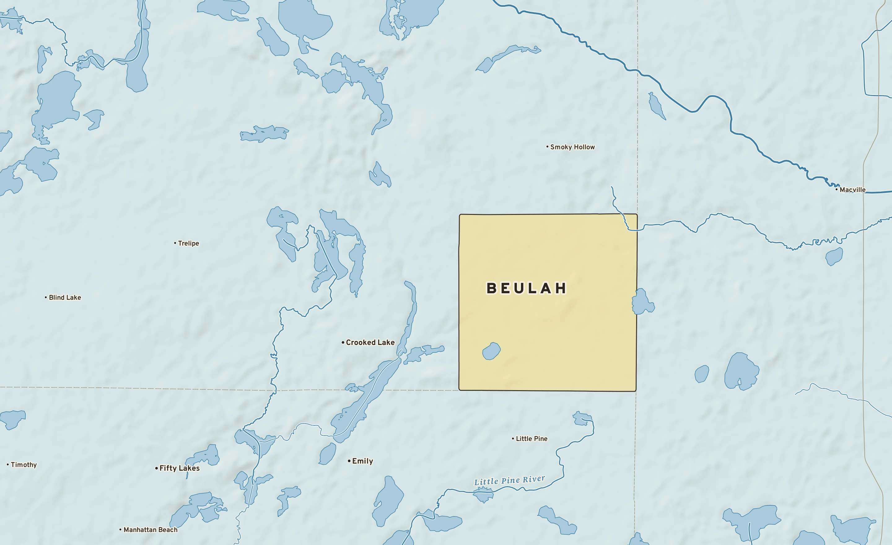 Shaded-relief atlas plate of Beulah, Minnesota: rivers, roads, the city limits and where the water drains.