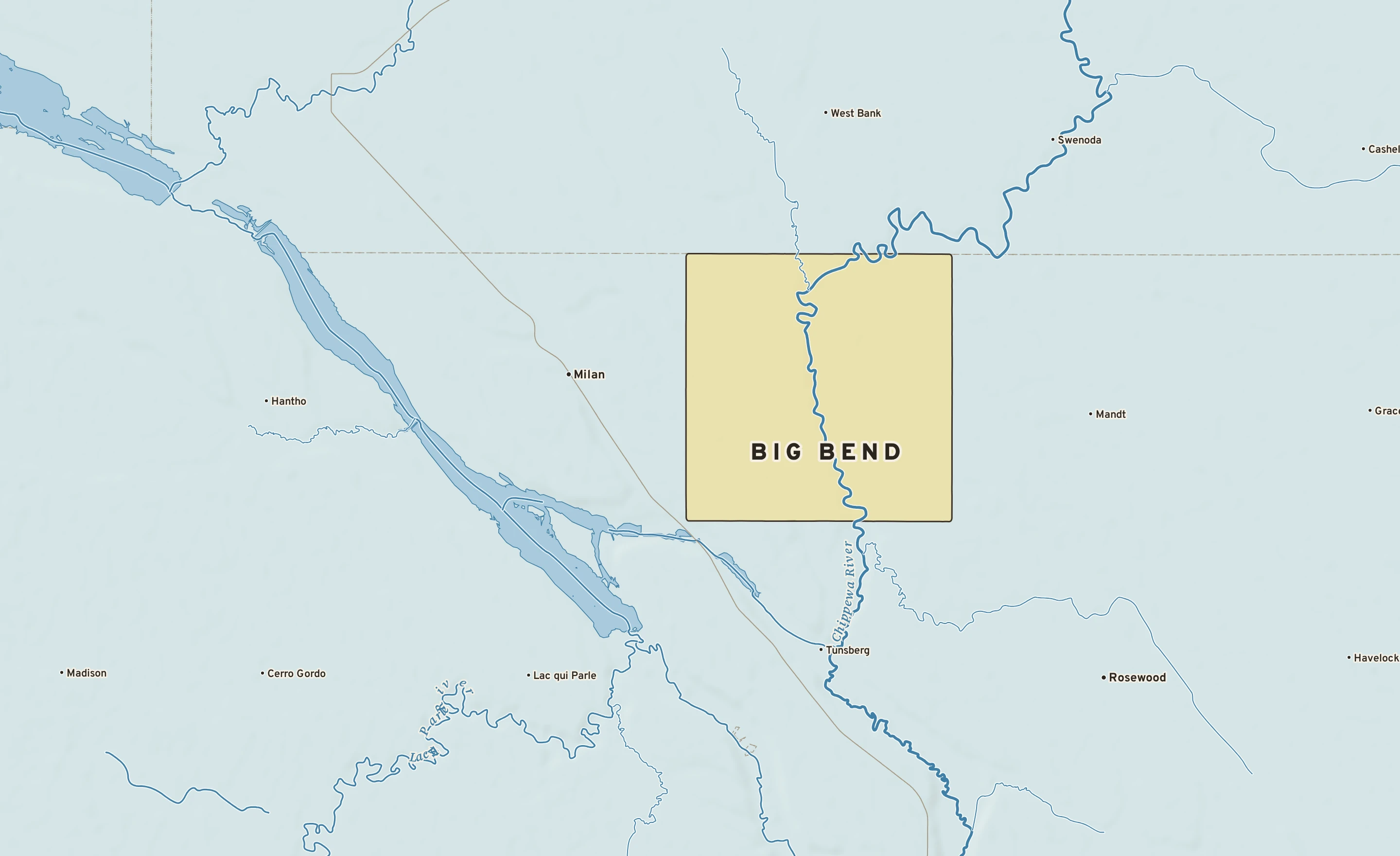 Shaded-relief atlas plate of Big Bend, Minnesota: rivers, roads, the city limits and where the water drains.