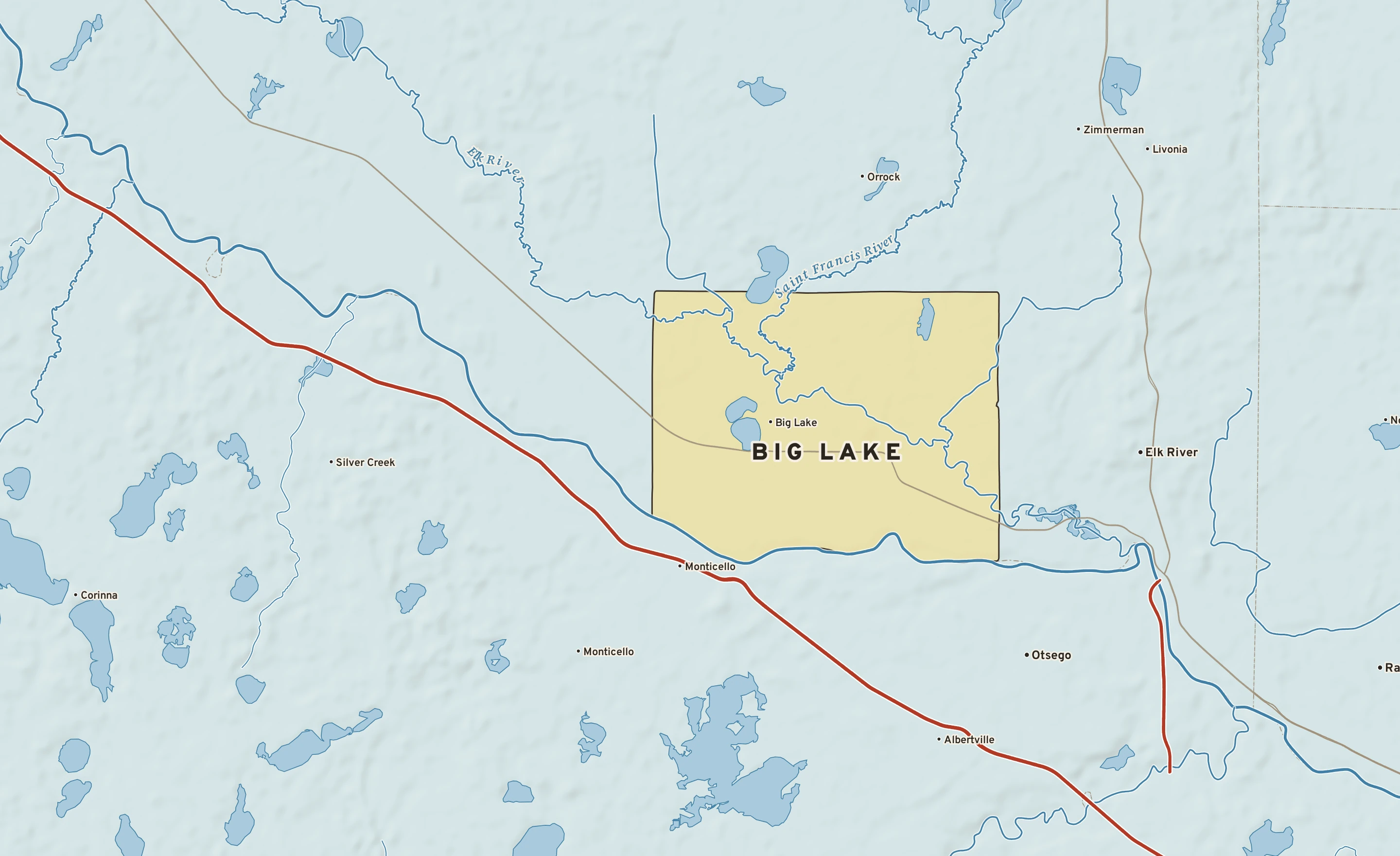 Shaded-relief atlas plate of Big Lake, Minnesota: rivers, roads, the city limits and where the water drains.