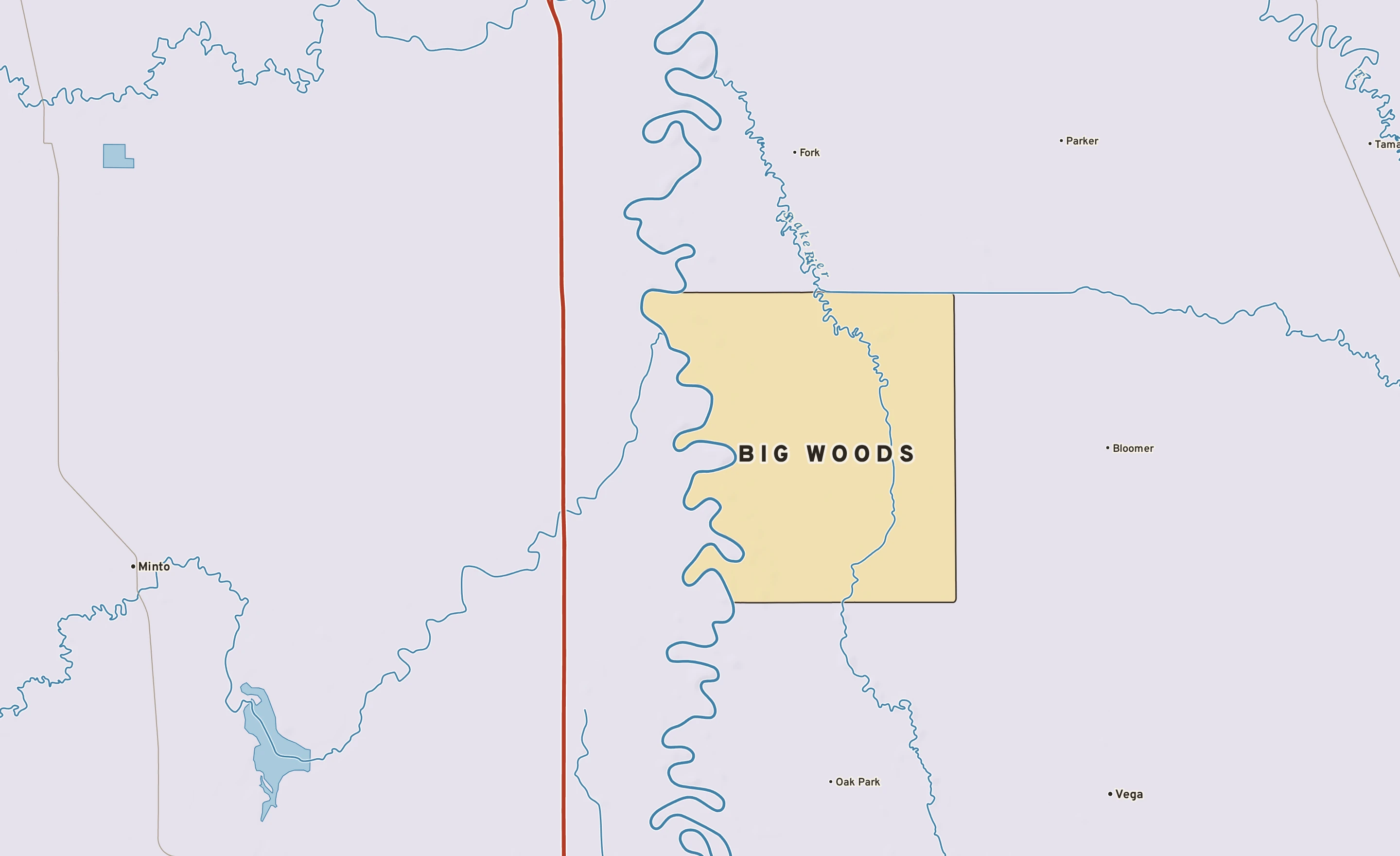 Shaded-relief atlas plate of Big Woods, Minnesota: rivers, roads, the city limits and where the water drains.