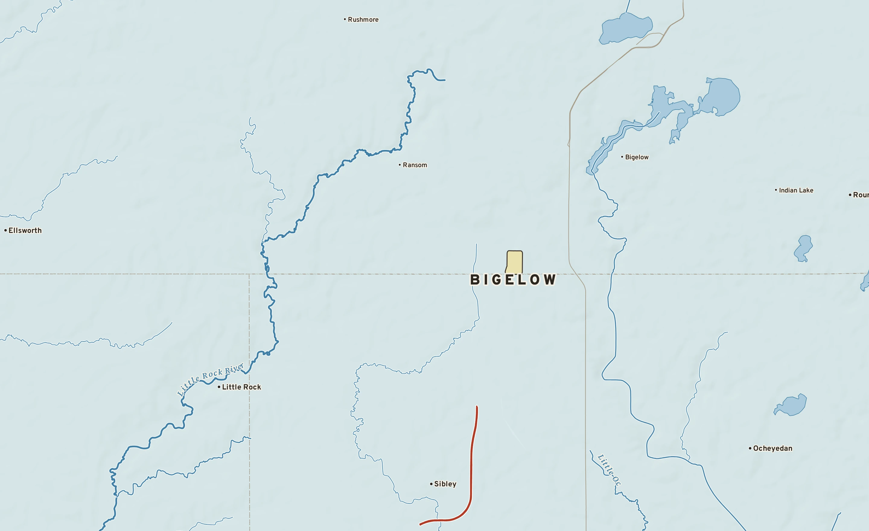 Shaded-relief atlas plate of Bigelow, Minnesota: rivers, roads, the city limits and where the water drains.
