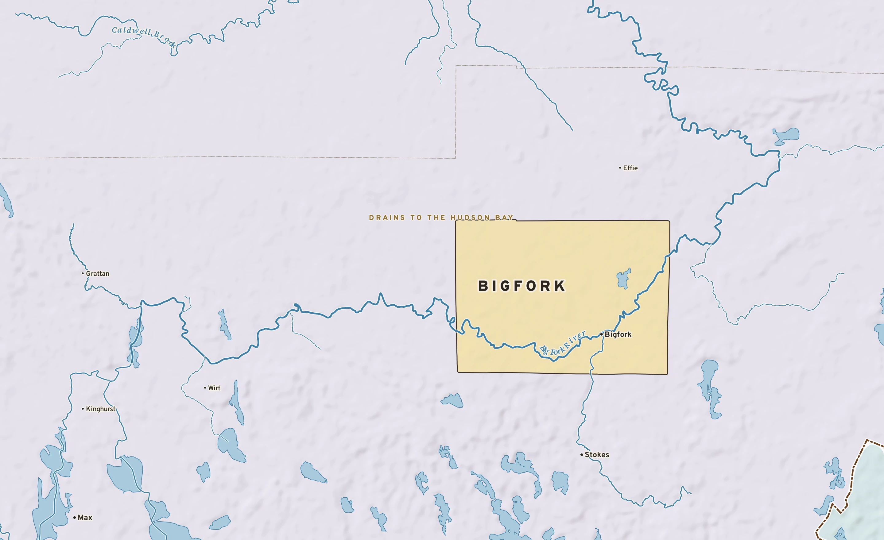 Shaded-relief atlas plate of Bigfork, Minnesota: rivers, roads, the city limits and where the water drains.