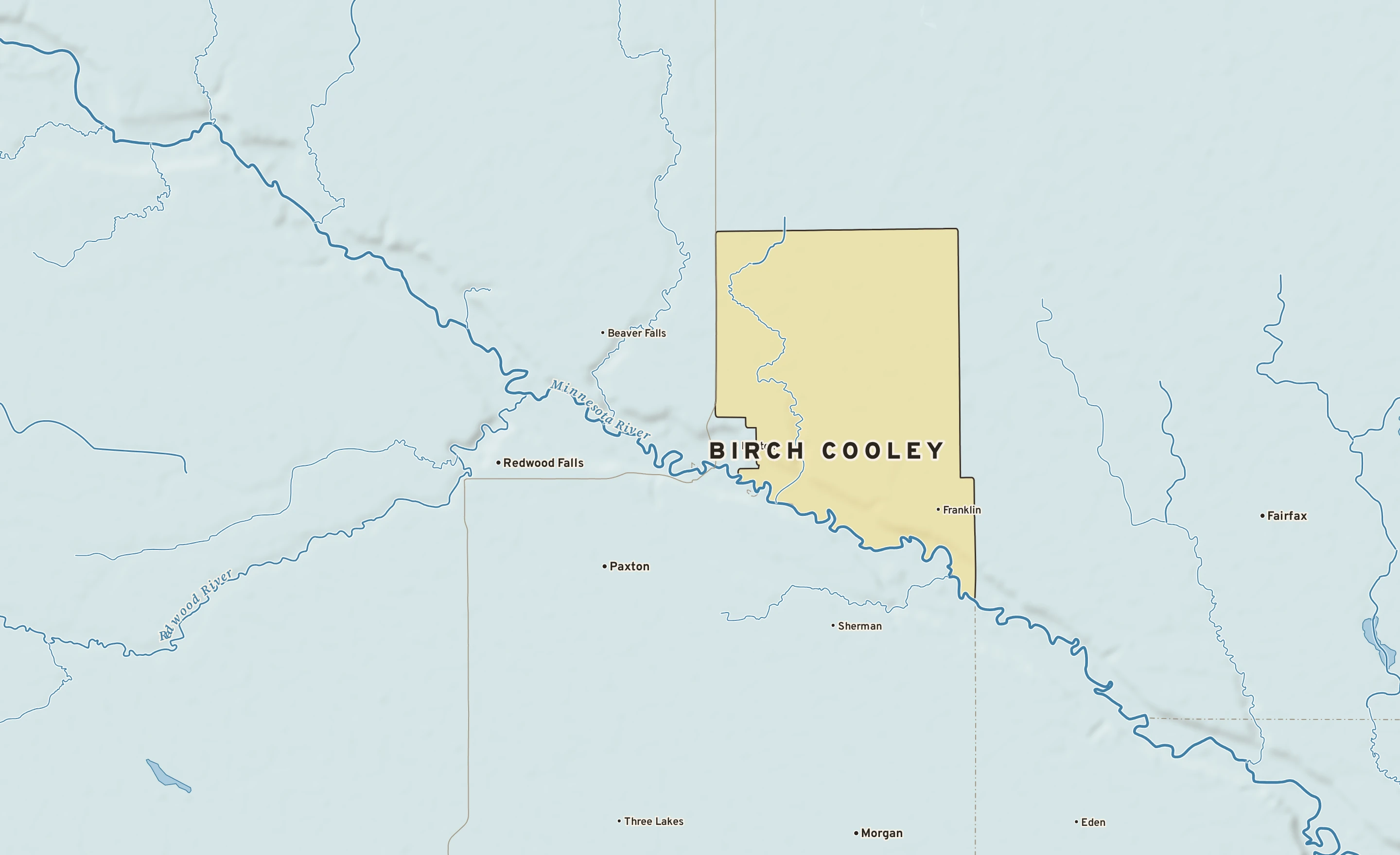 Shaded-relief atlas plate of Birch Cooley, Minnesota: rivers, roads, the city limits and where the water drains.