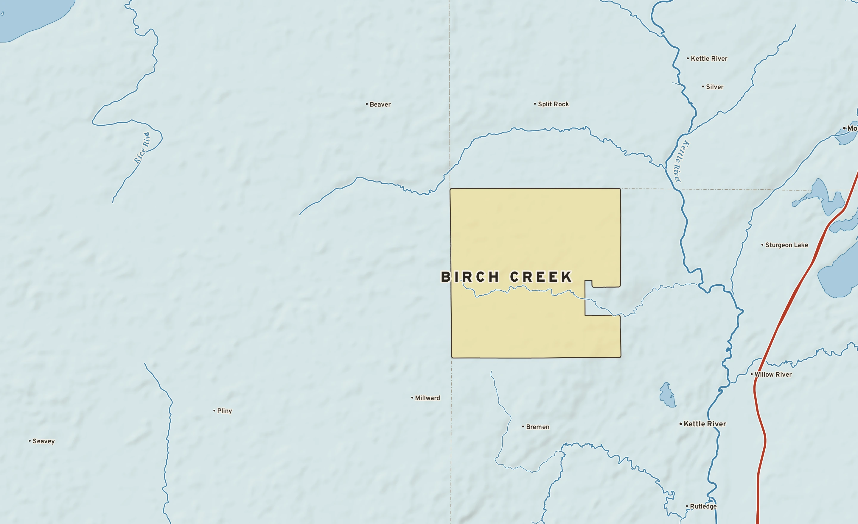 Shaded-relief atlas plate of Birch Creek, Minnesota: rivers, roads, the city limits and where the water drains.