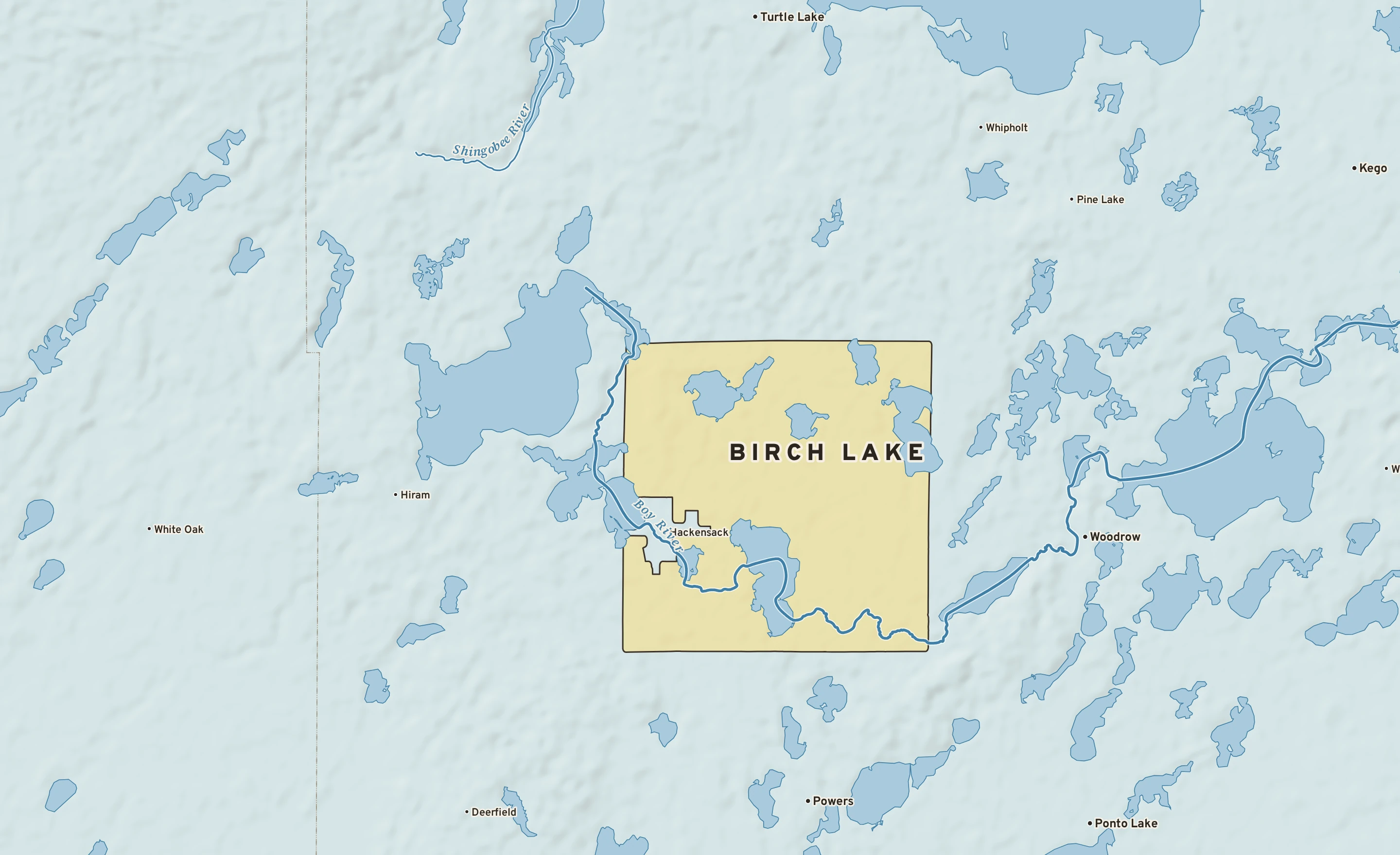 Shaded-relief atlas plate of Birch Lake, Minnesota: rivers, roads, the city limits and where the water drains.