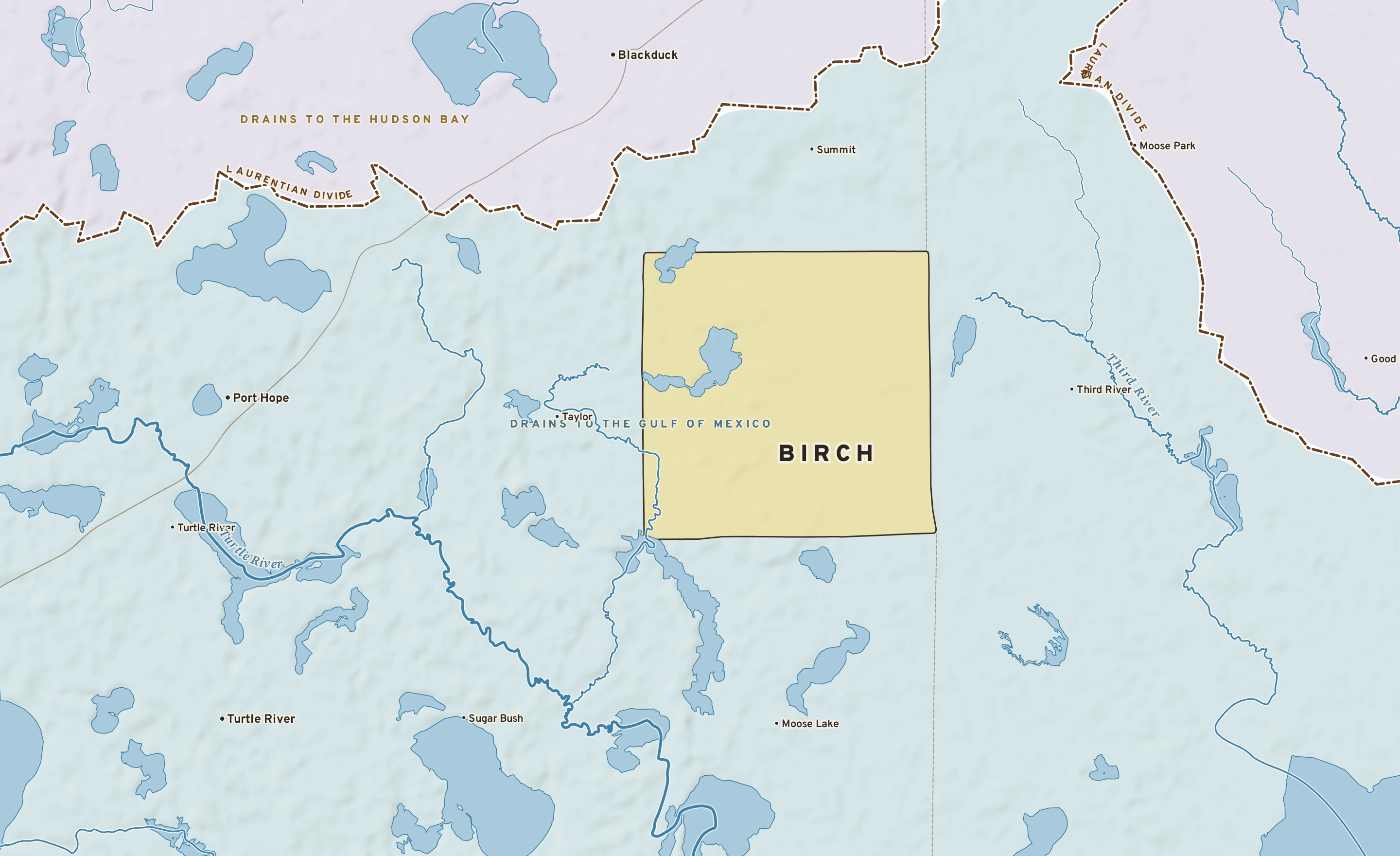 Shaded-relief atlas plate of Birch, Minnesota: rivers, roads, the city limits and where the water drains.