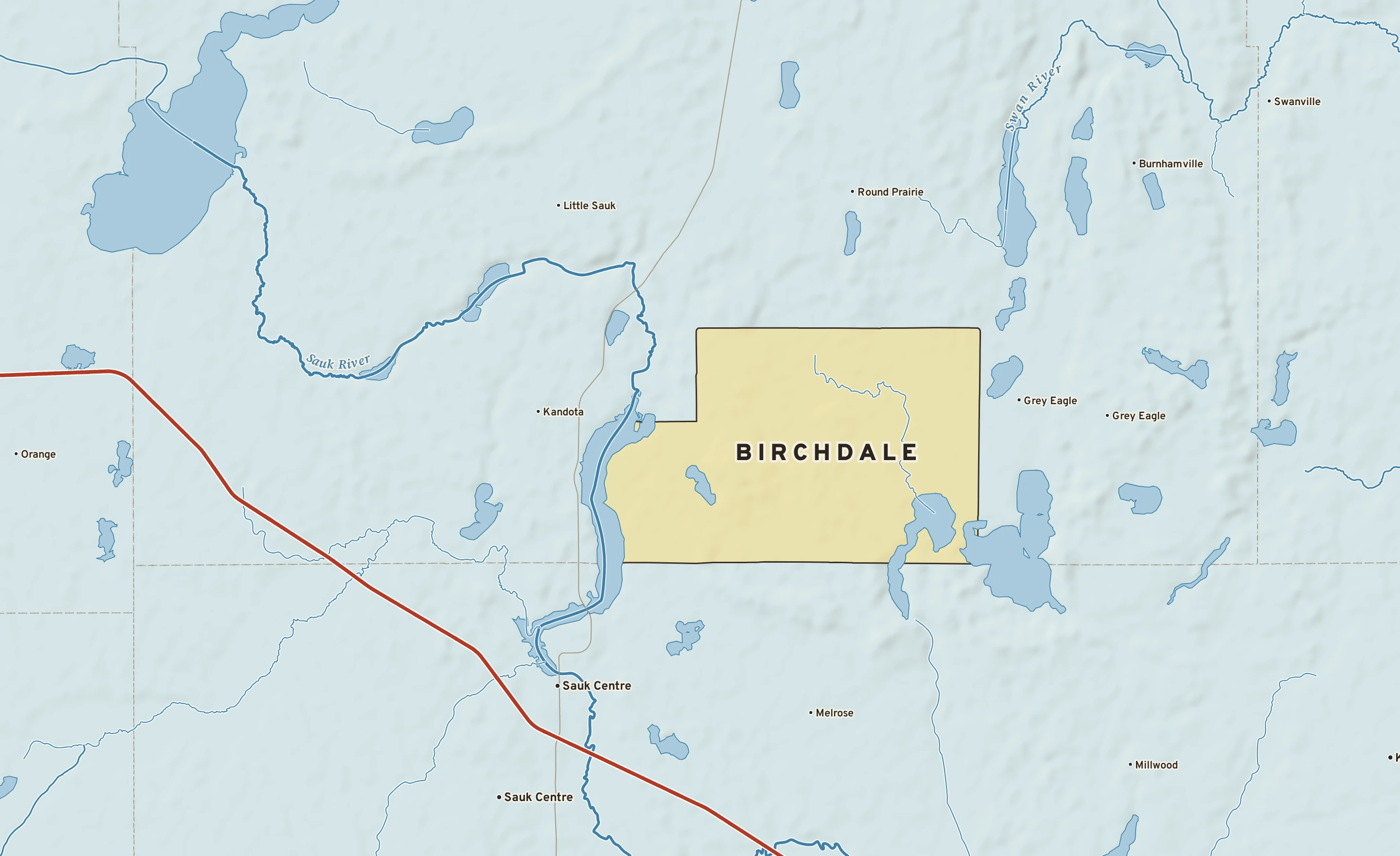 Shaded-relief atlas plate of Birchdale, Minnesota: rivers, roads, the city limits and where the water drains.