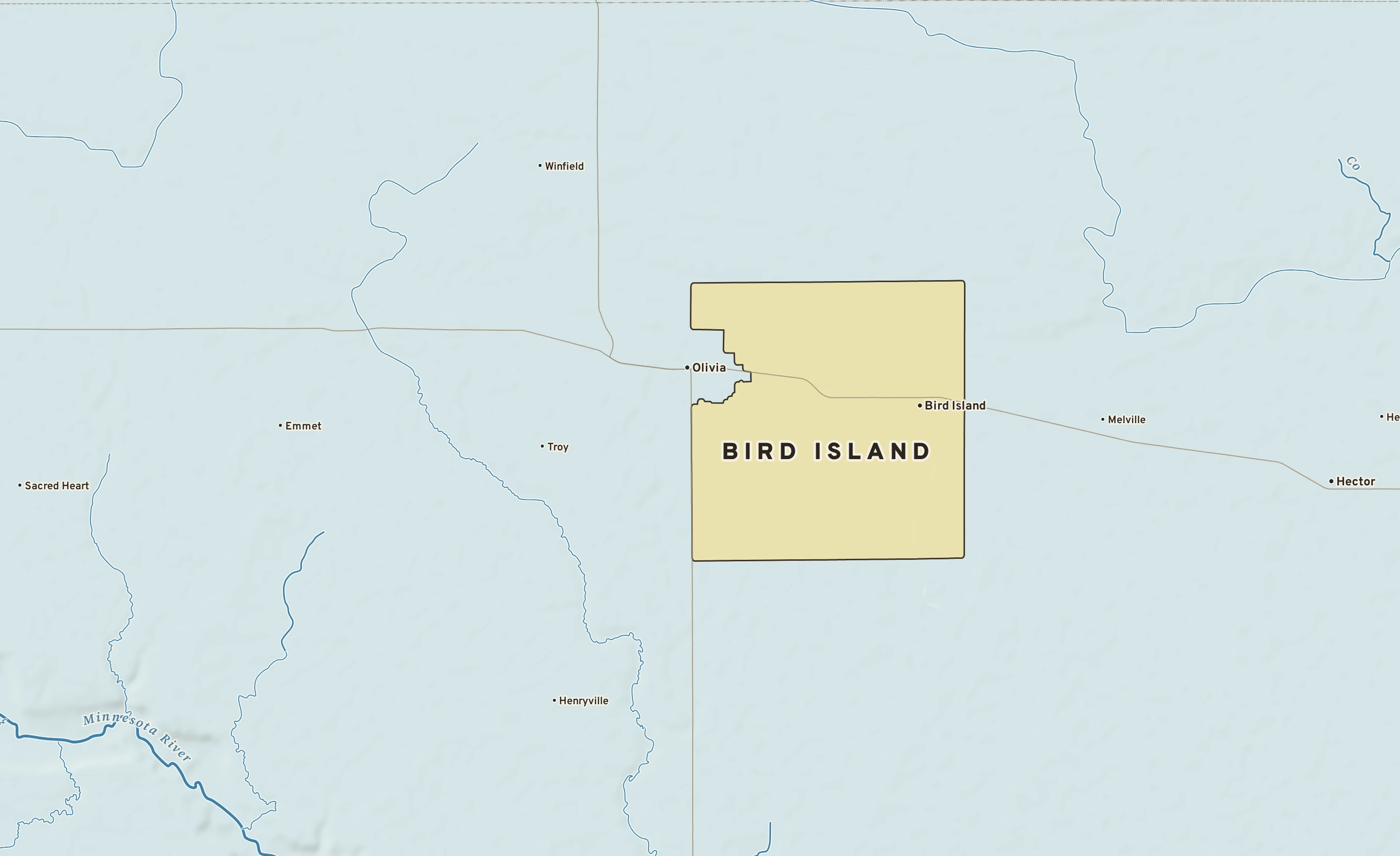 Shaded-relief atlas plate of Bird Island, Minnesota: rivers, roads, the city limits and where the water drains.