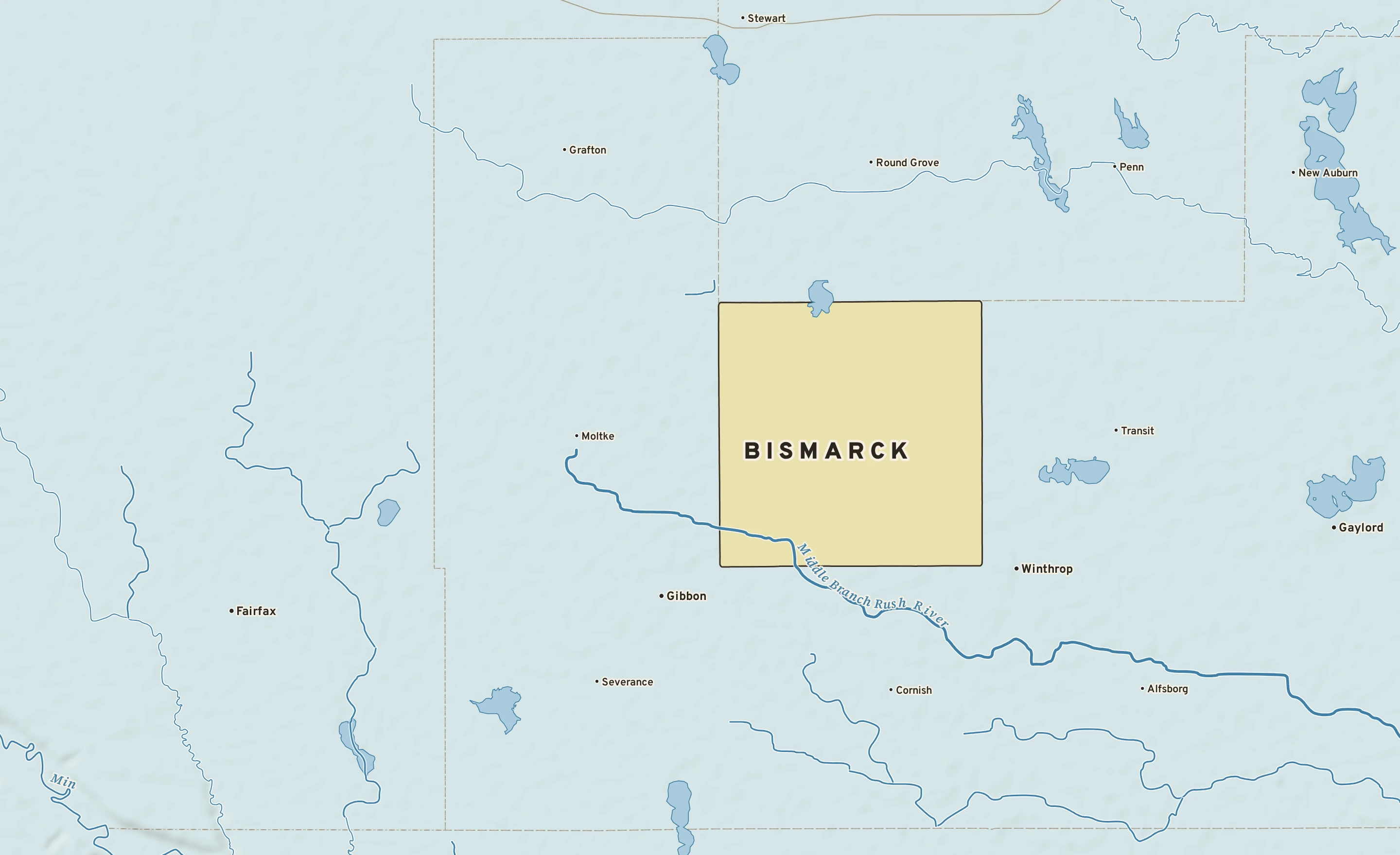 Shaded-relief atlas plate of Bismarck, Minnesota: rivers, roads, the city limits and where the water drains.