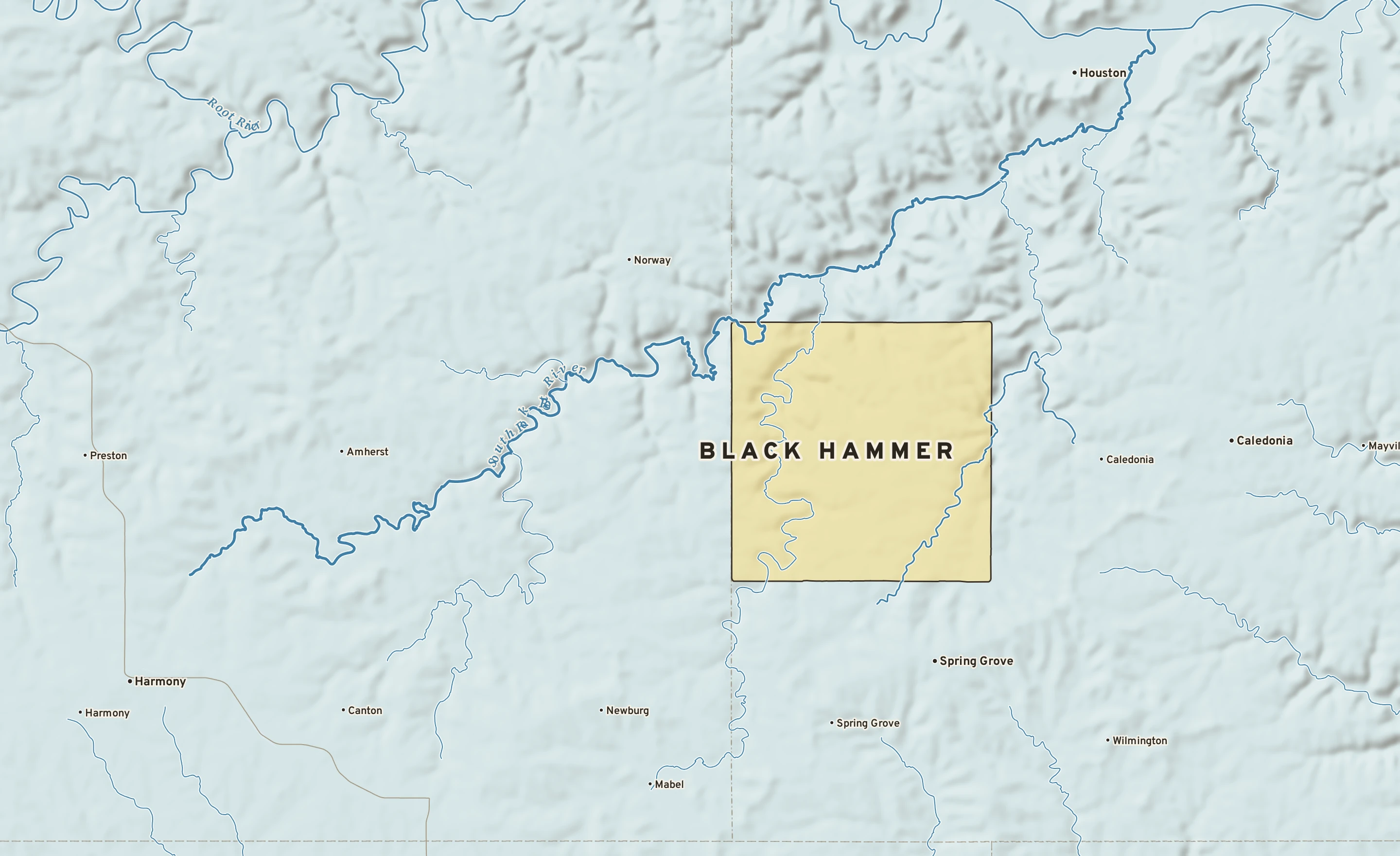 Shaded-relief atlas plate of Black Hammer, Minnesota: rivers, roads, the city limits and where the water drains.