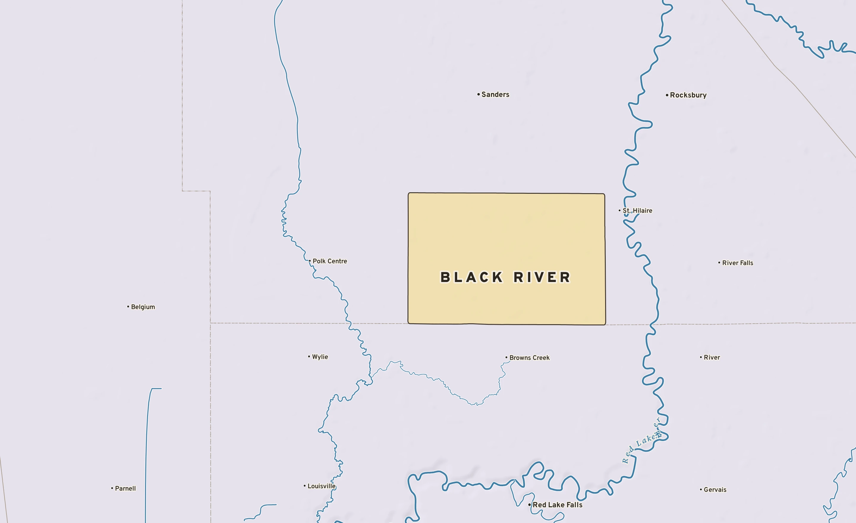 Shaded-relief atlas plate of Black River, Minnesota: rivers, roads, the city limits and where the water drains.