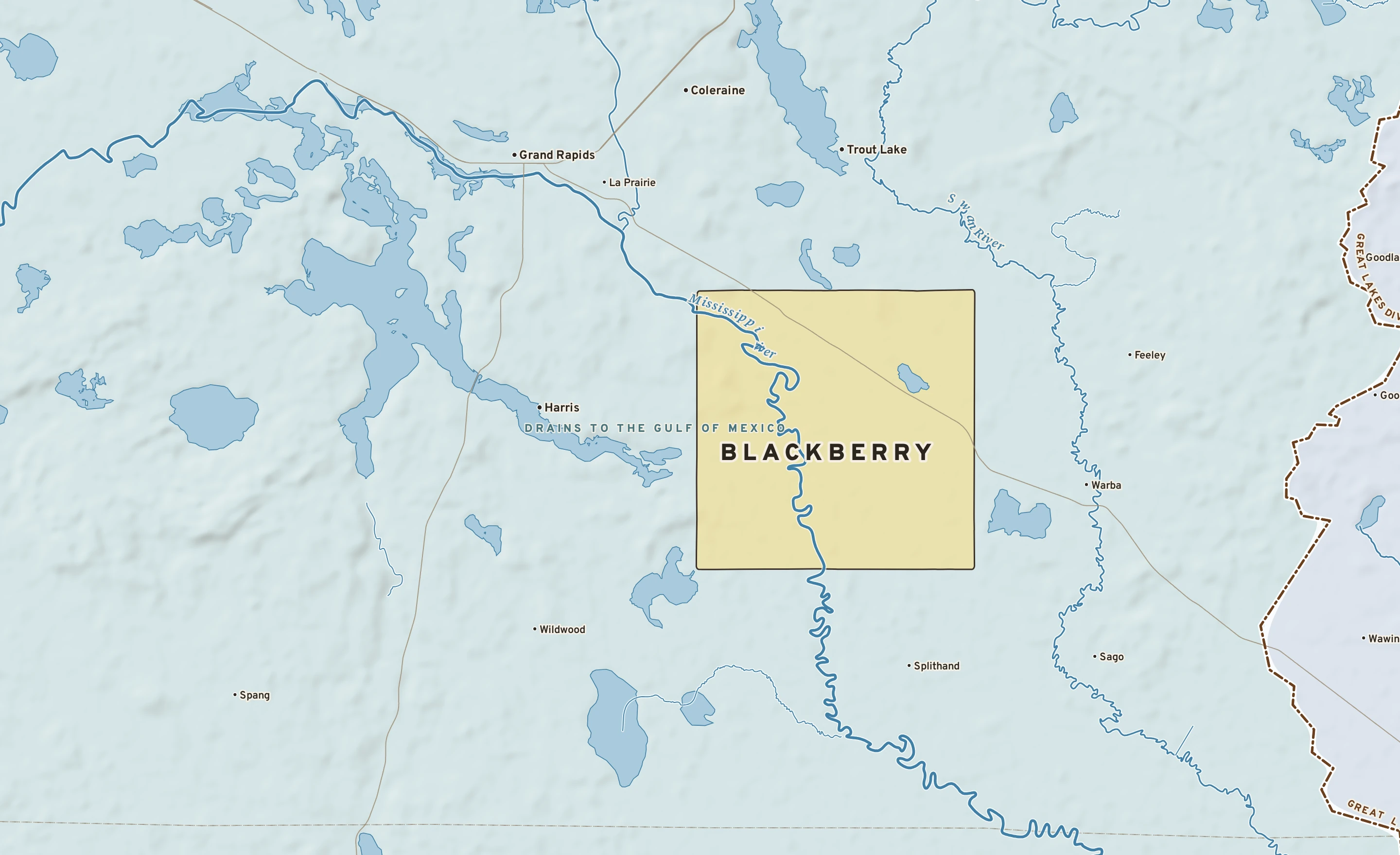 Shaded-relief atlas plate of Blackberry, Minnesota: rivers, roads, the city limits and where the water drains.