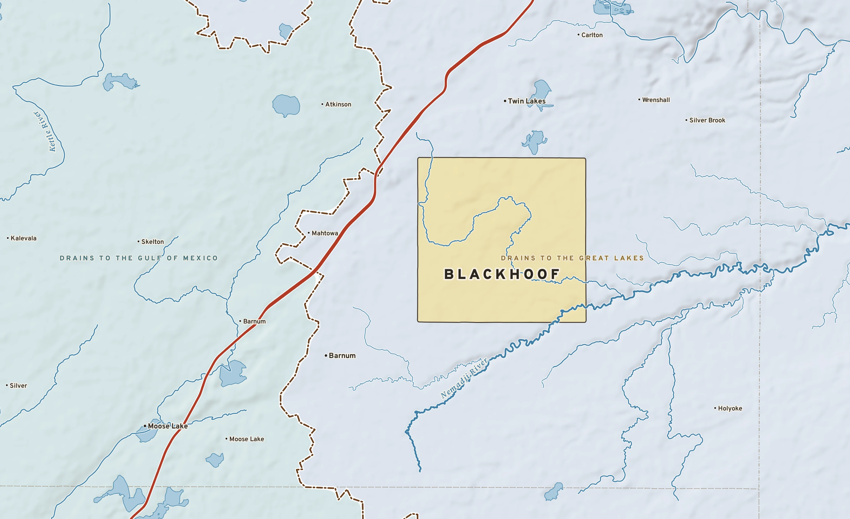 Shaded-relief atlas plate of Blackhoof, Minnesota: rivers, roads, the city limits and where the water drains.