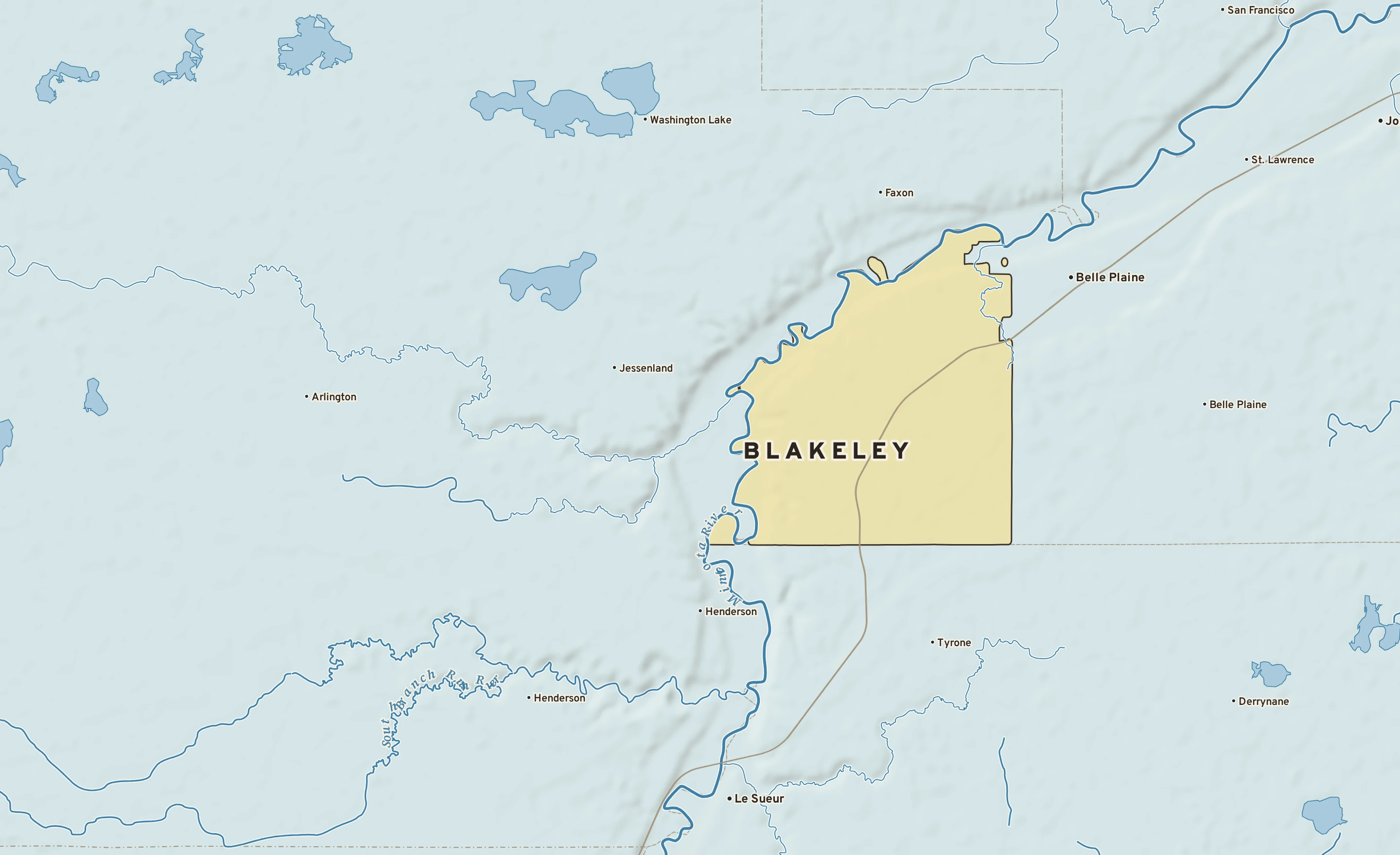 Shaded-relief atlas plate of Blakeley, Minnesota: rivers, roads, the city limits and where the water drains.