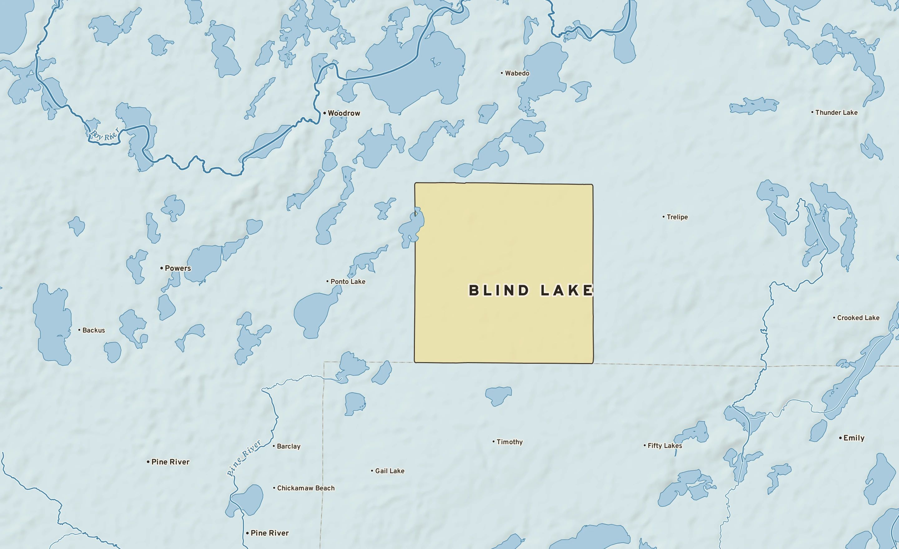Shaded-relief atlas plate of Blind Lake, Minnesota: rivers, roads, the city limits and where the water drains.