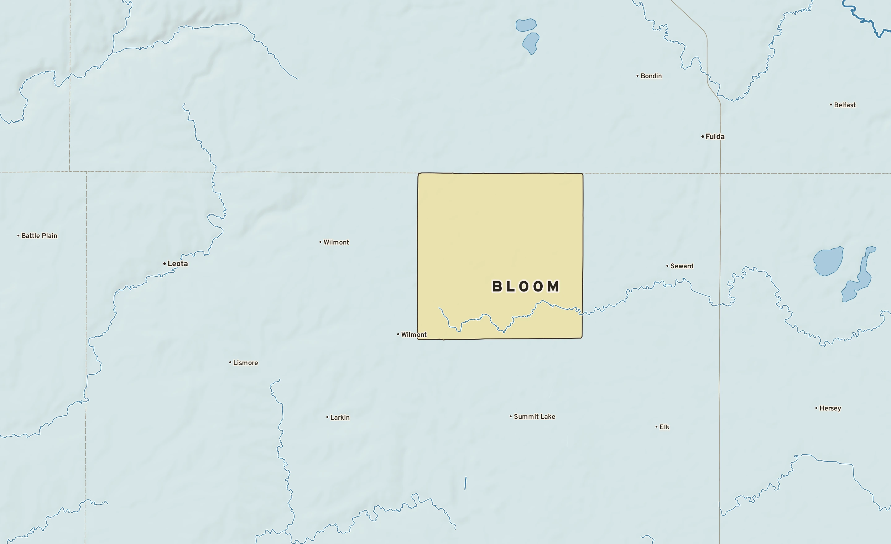 Shaded-relief atlas plate of Bloom, Minnesota: rivers, roads, the city limits and where the water drains.