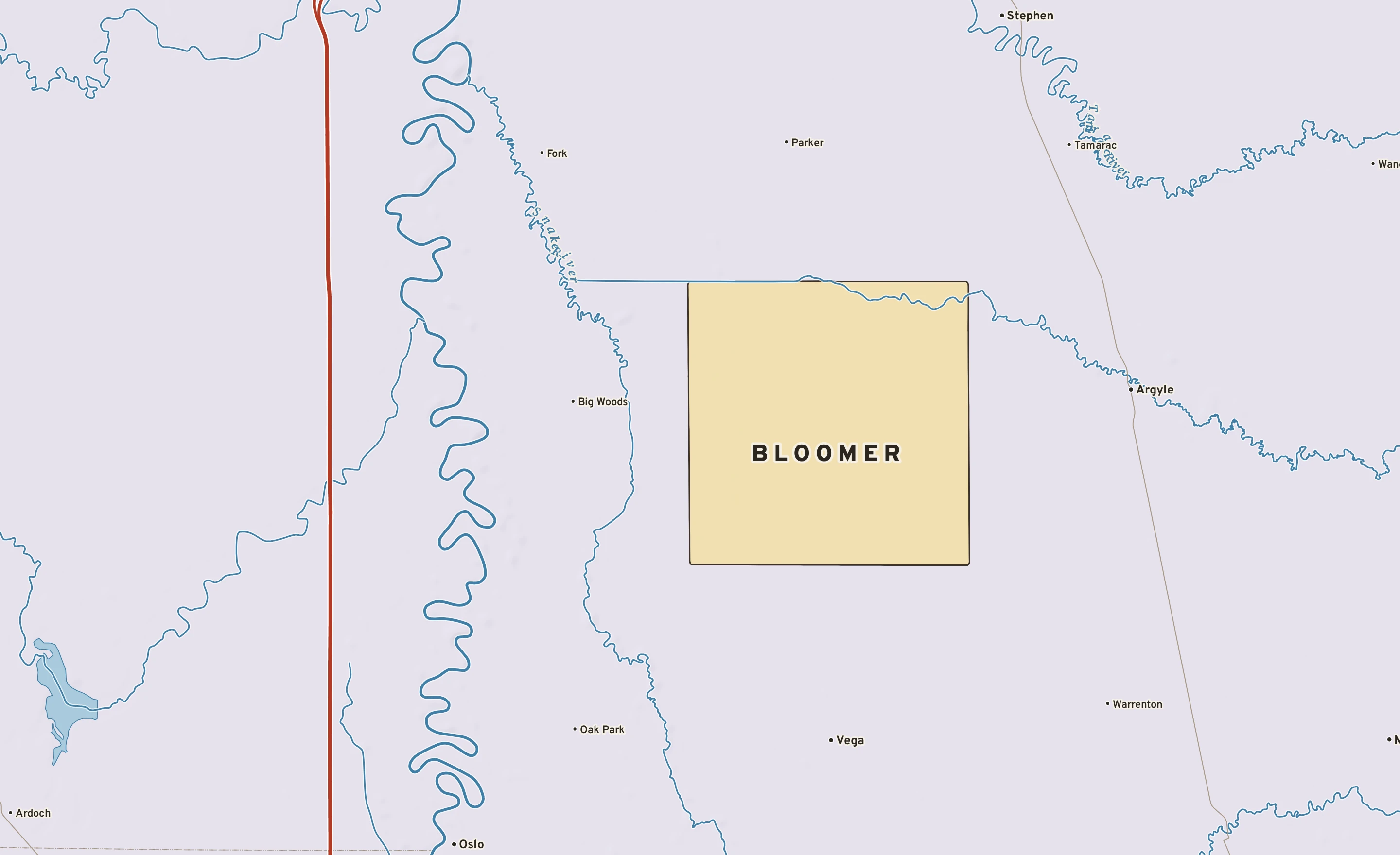Shaded-relief atlas plate of Bloomer, Minnesota: rivers, roads, the city limits and where the water drains.